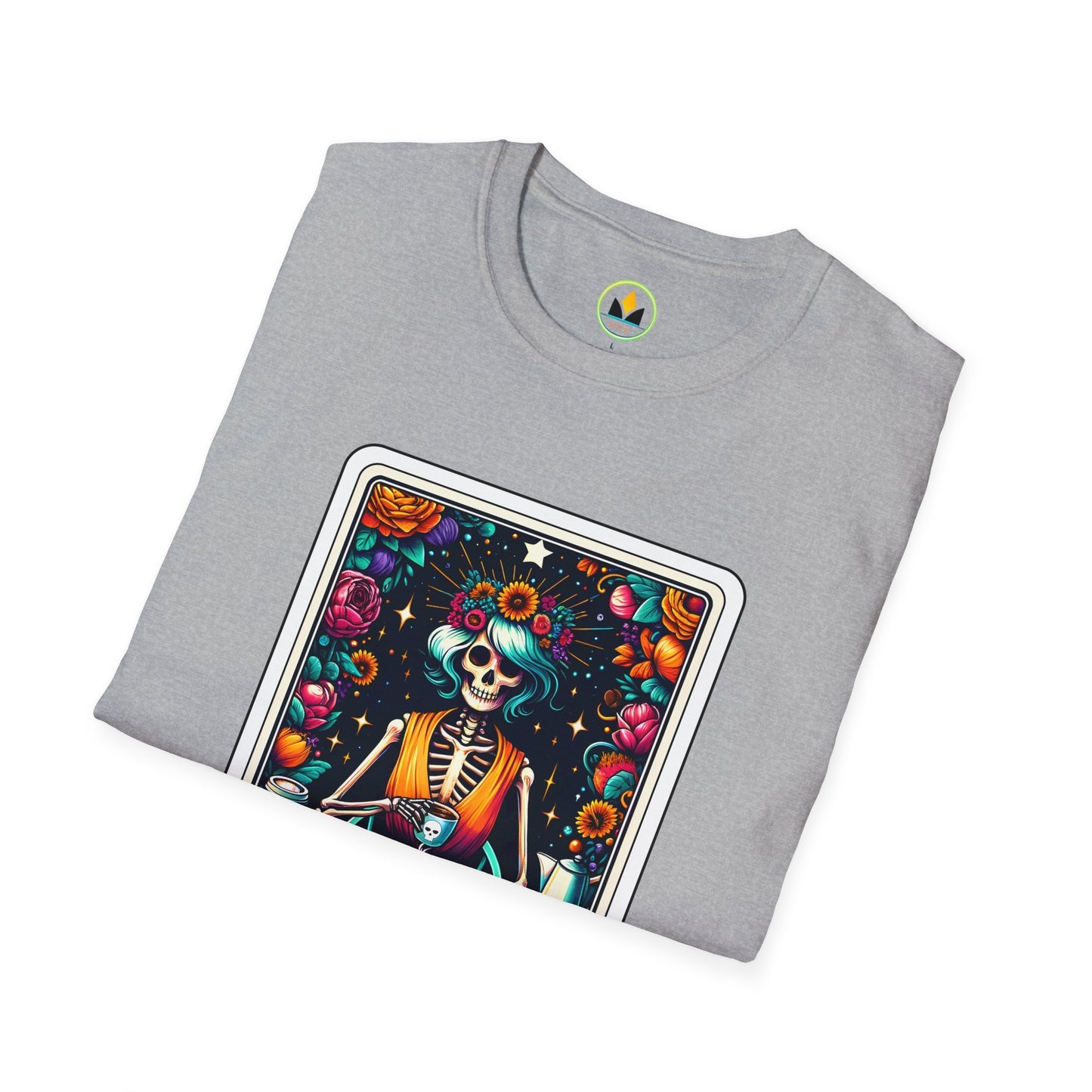 Spooky Halloween Coffee Skeleton Tee - Vibrant Day of the Dead Style Shirt