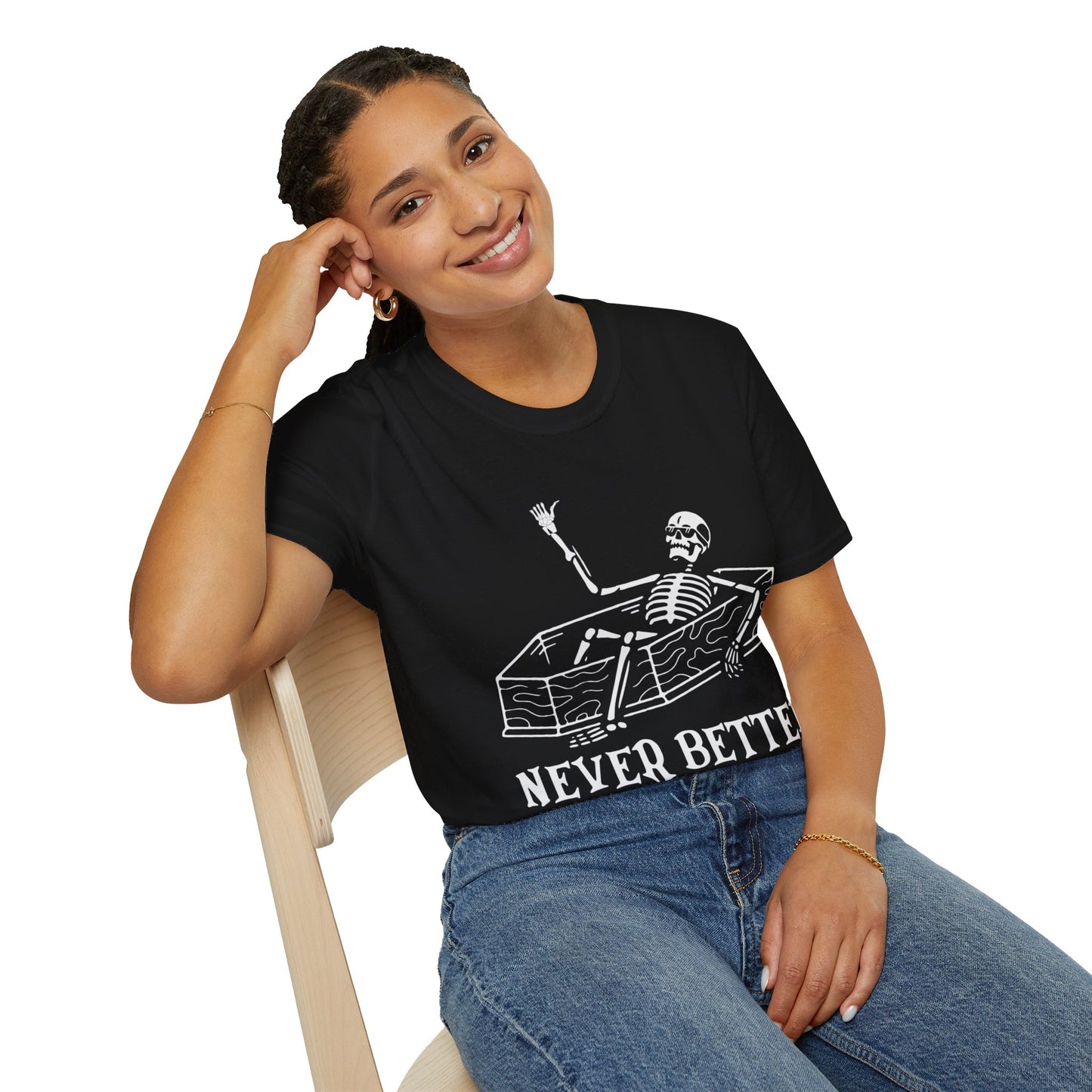NEVER BETTER - Skeleton in Coffin Halloween Unisex Softstyle T-Shirt