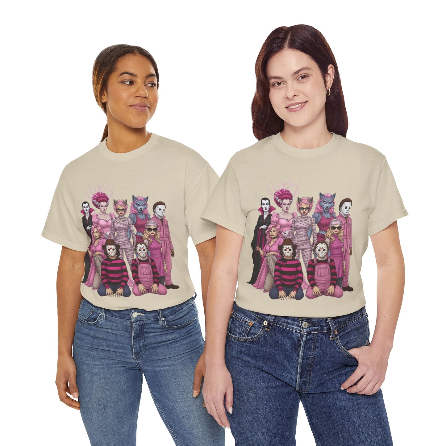 Lady Slashers Halloween Tee | Female Horror Villains Reunion Shirt in Pink