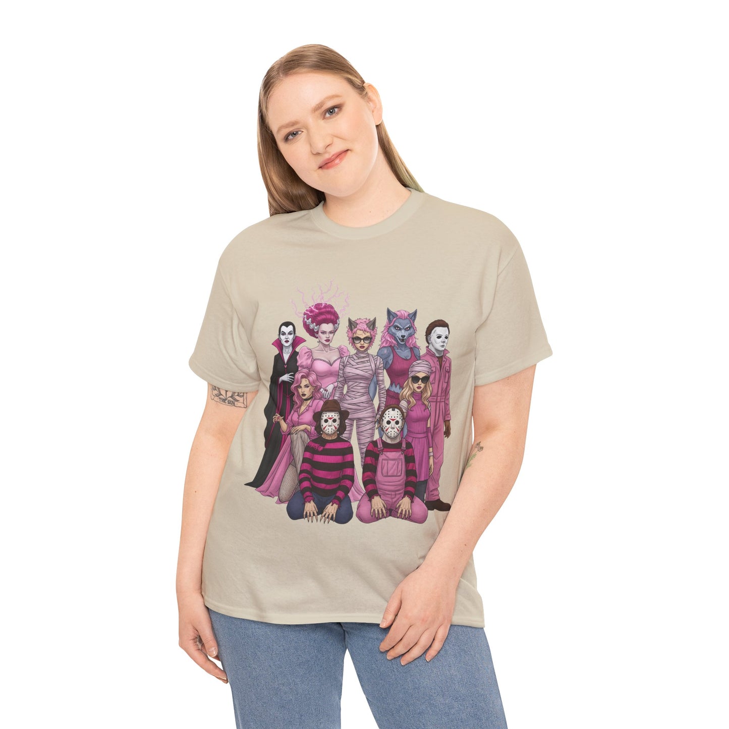 Lady Slashers Halloween Tee | Female Horror Villains Reunion Shirt in Pink