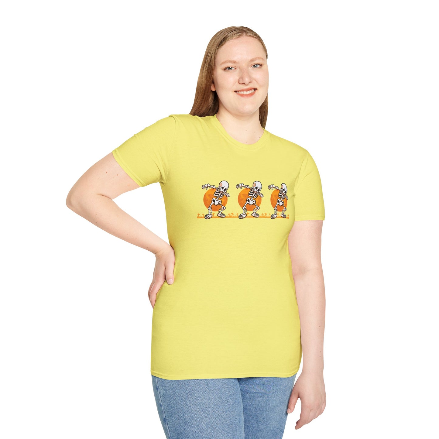 Moonlit Macabre: Dancing Skeleton Halloween T-Shirt – Spooky Unisex Softstyle T-Shirt