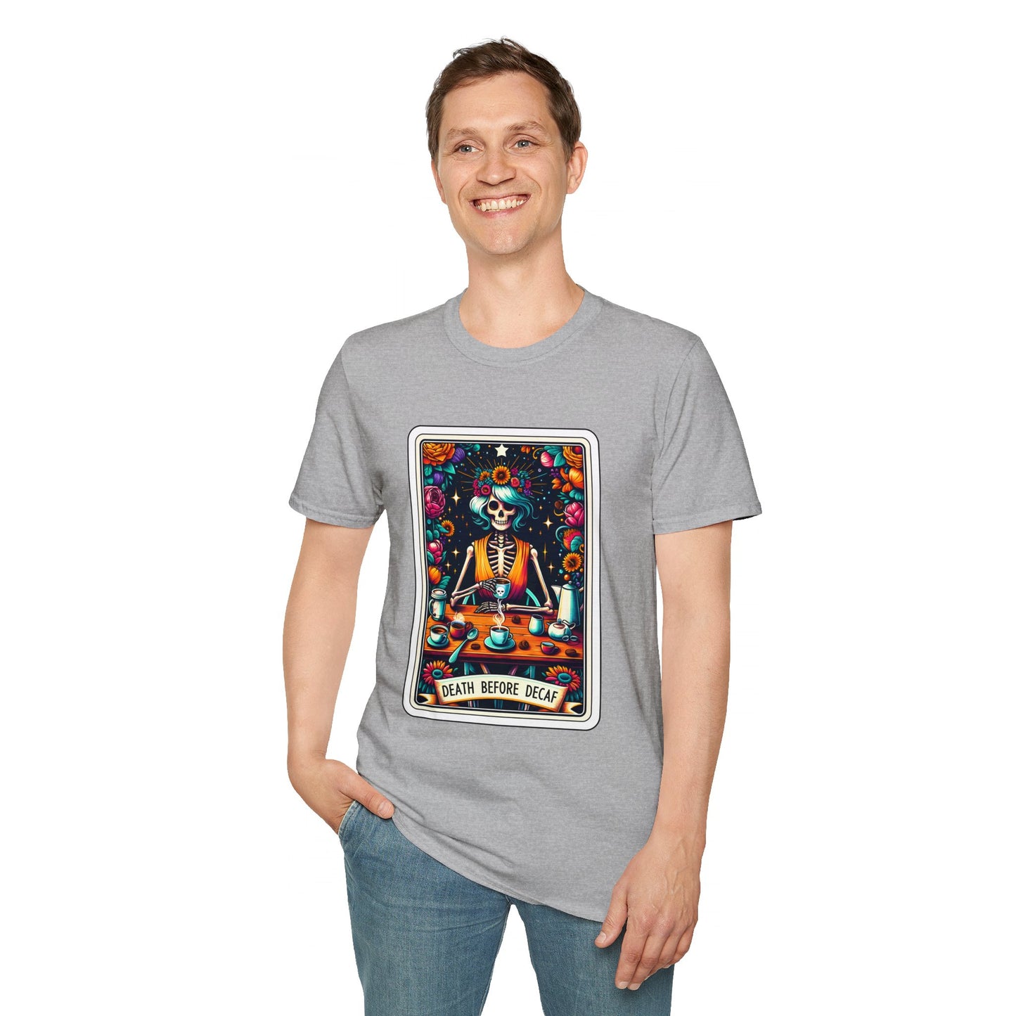 Spooky Halloween Coffee Skeleton Tee - Vibrant Day of the Dead Style Shirt