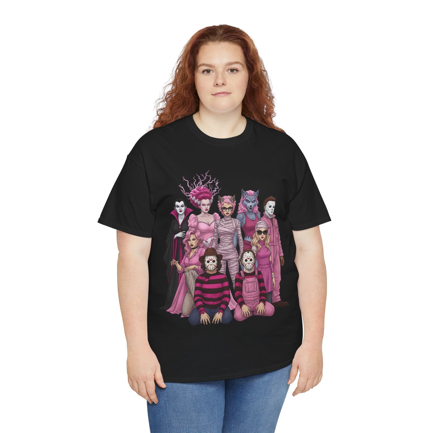 Lady Slashers Halloween Tee | Female Horror Villains Reunion Shirt in Pink