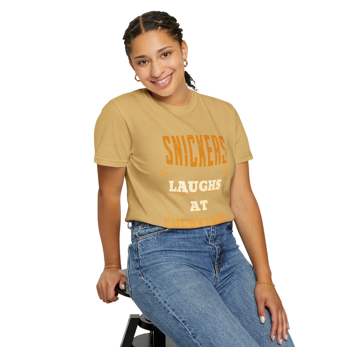 Cheerful 'Laughs at Everything' T-Shirt - coworker/friend Inspired Humorous Fun Shirt