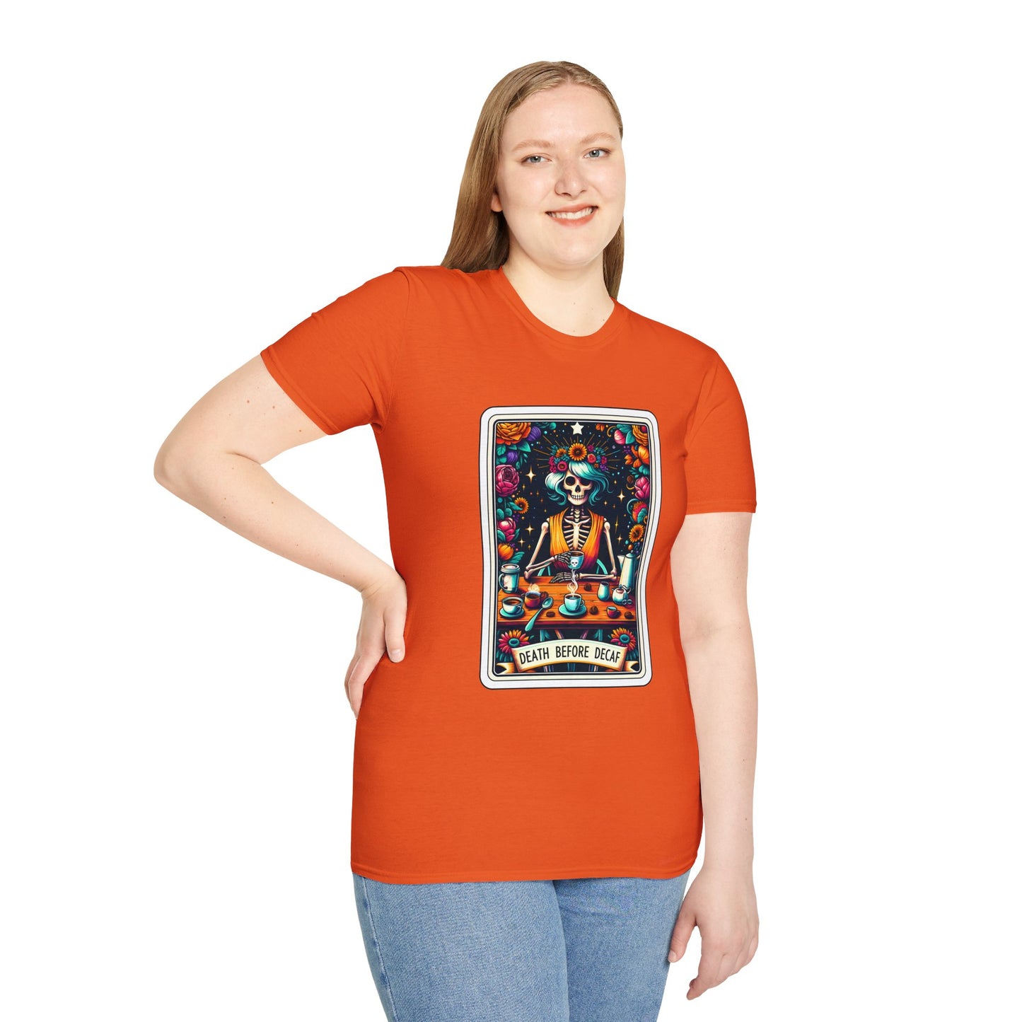 Spooky Halloween Coffee Skeleton Tee - Vibrant Day of the Dead Style Shirt