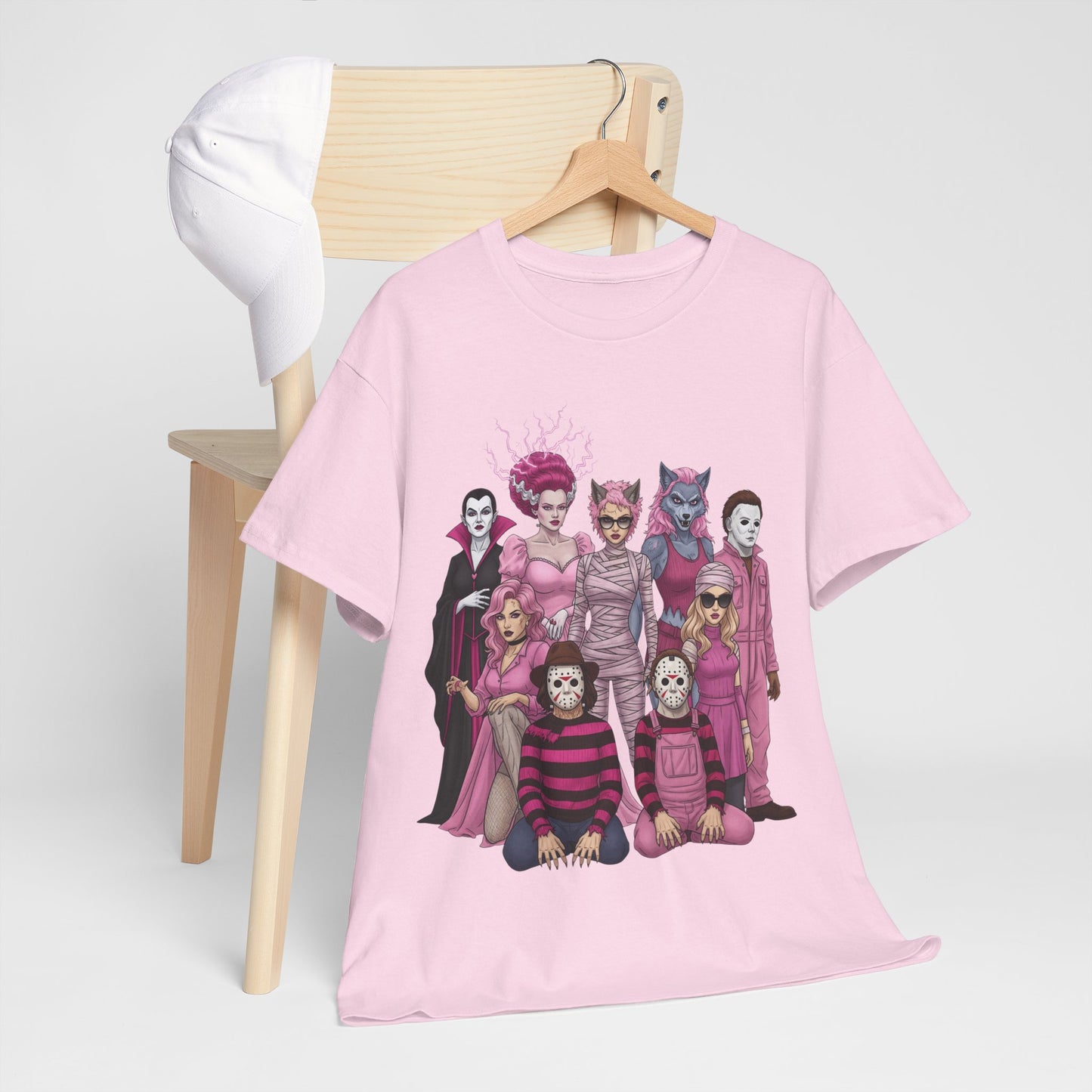 Lady Slashers Halloween Tee | Female Horror Villains Reunion Shirt in Pink