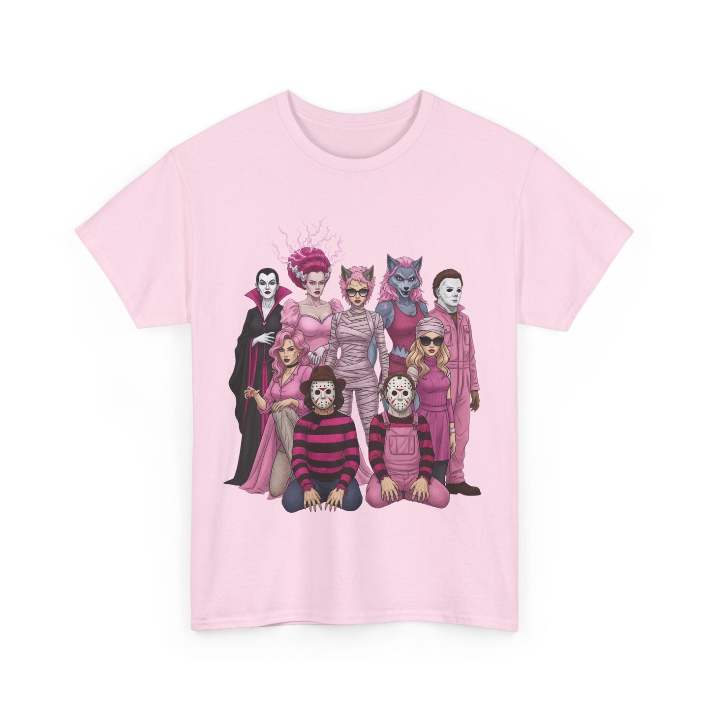Lady Slashers Halloween Tee | Female Horror Villains Reunion Shirt in Pink