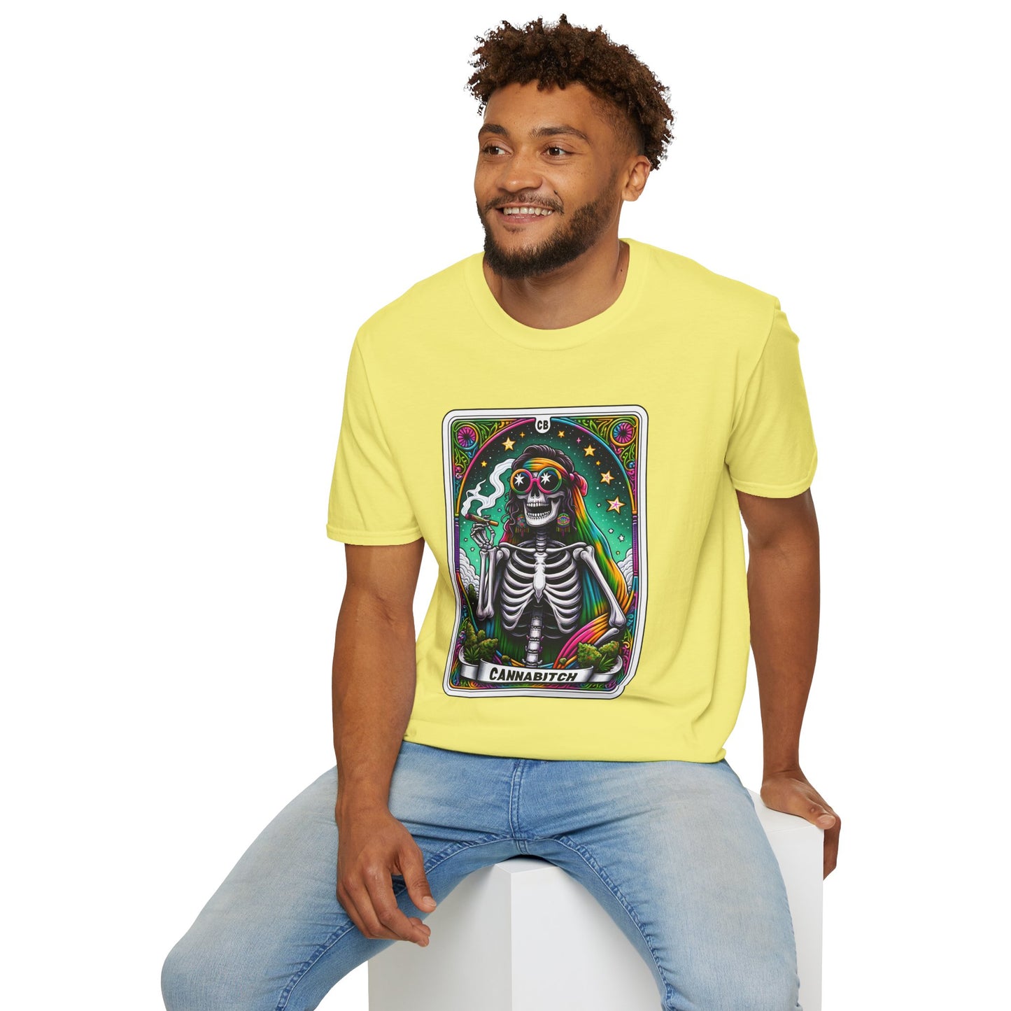 Psychedelic “Cannabitch” Tarot Skeleton T‑Shirt – Trippy Rainbow Weed Art for Stoner Queens