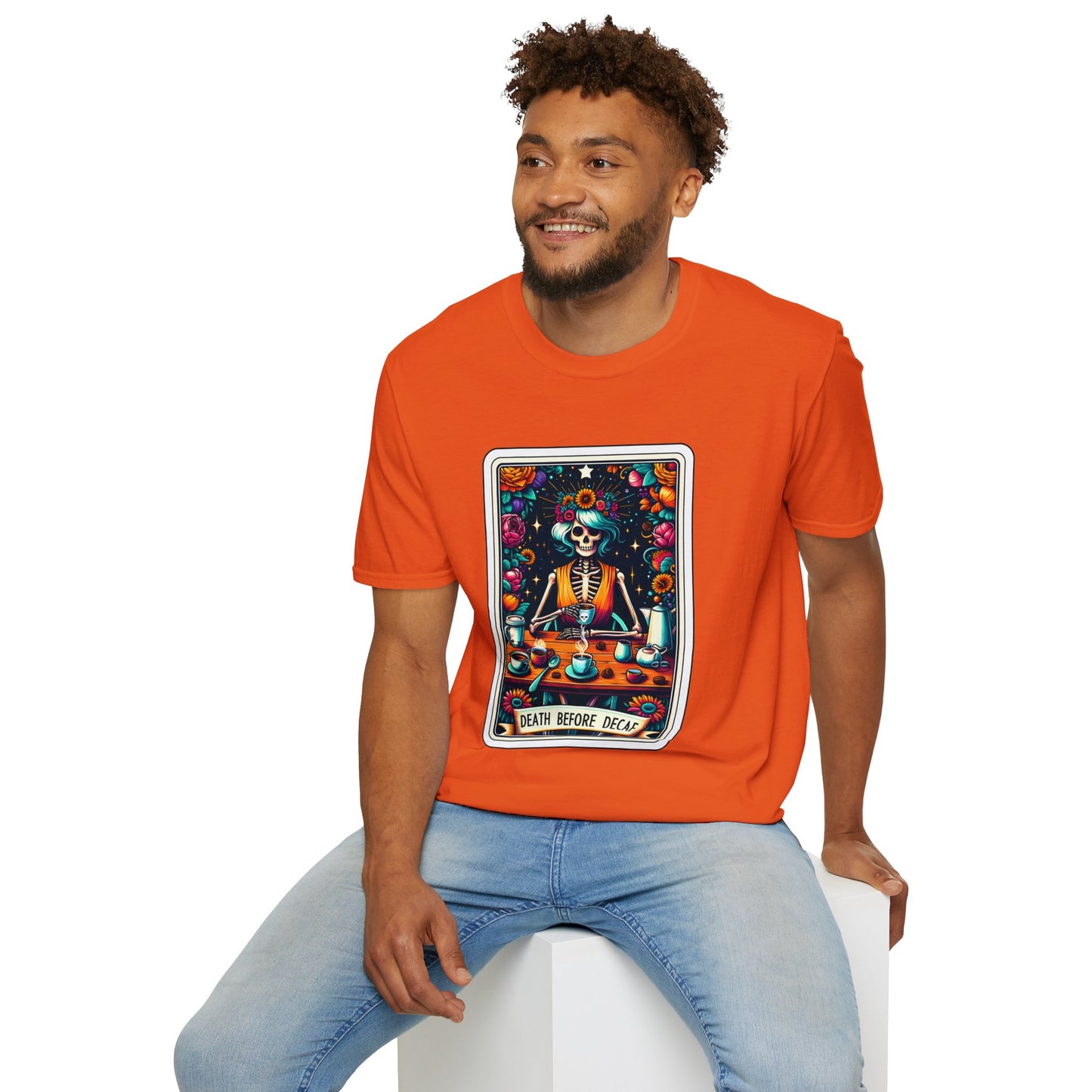 Spooky Halloween Coffee Skeleton Tee - Vibrant Day of the Dead Style Shirt