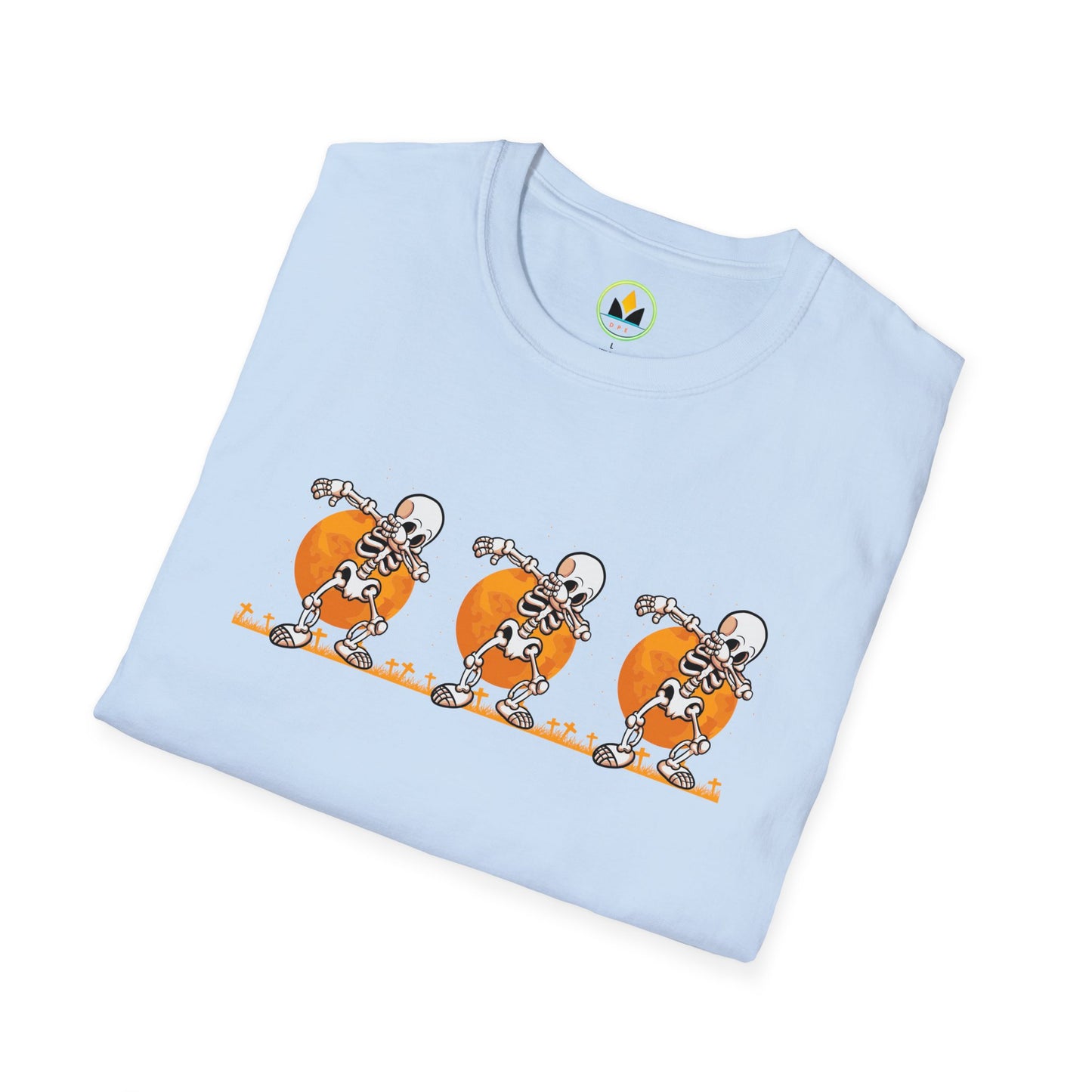 Moonlit Macabre: Dancing Skeleton Halloween T-Shirt – Spooky Unisex Softstyle T-Shirt