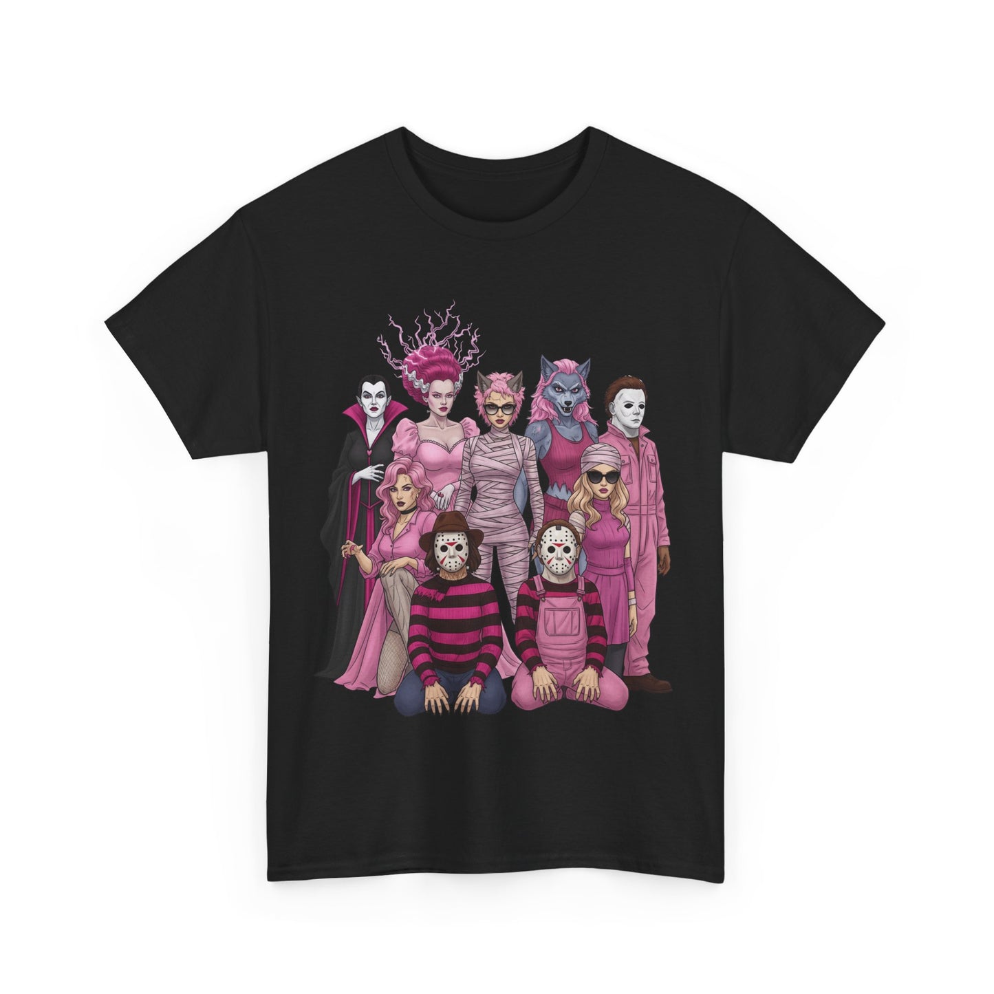 Lady Slashers Halloween Tee | Female Horror Villains Reunion Shirt in Pink