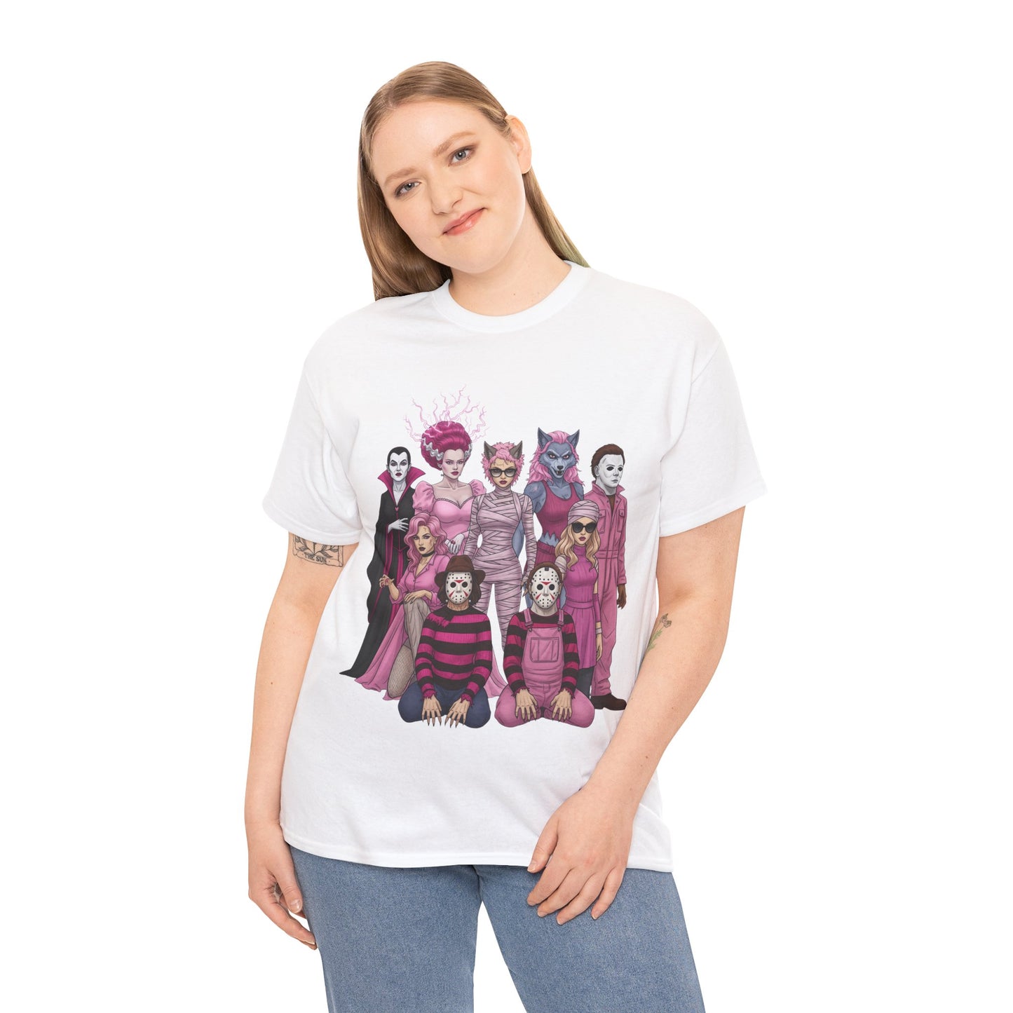 Lady Slashers Halloween Tee | Female Horror Villains Reunion Shirt in Pink