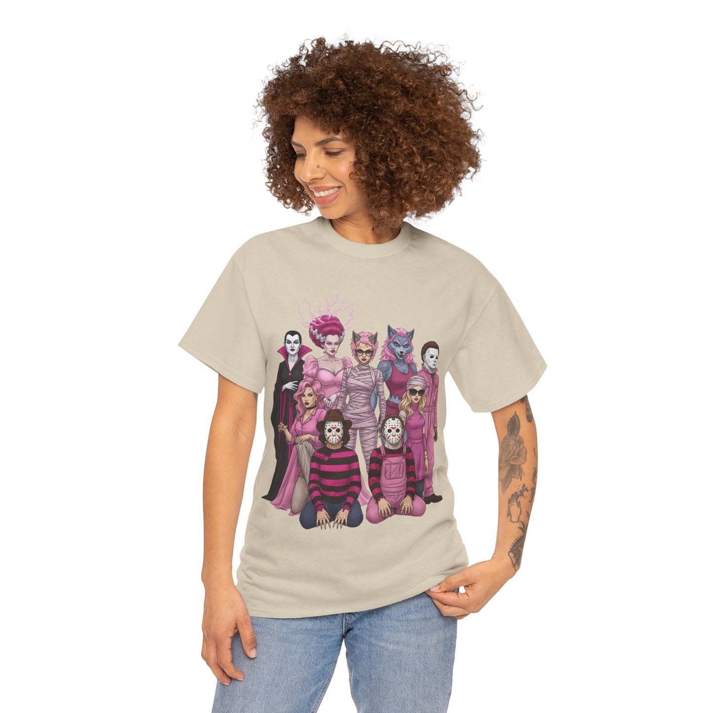 Lady Slashers Halloween Tee | Female Horror Villains Reunion Shirt in Pink
