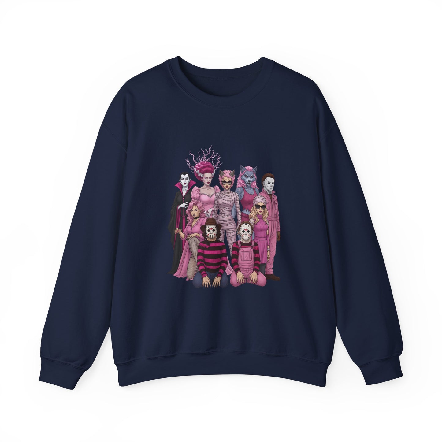 Lady Slashers Halloween Sweatshirt | Female Horror Villains Crewneck in Pink