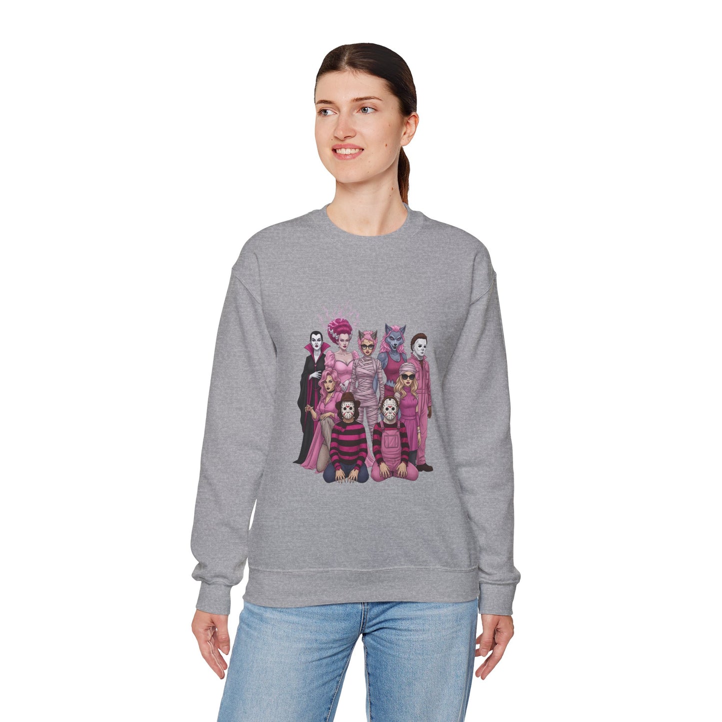 Lady Slashers Halloween Sweatshirt | Female Horror Villains Crewneck in Pink