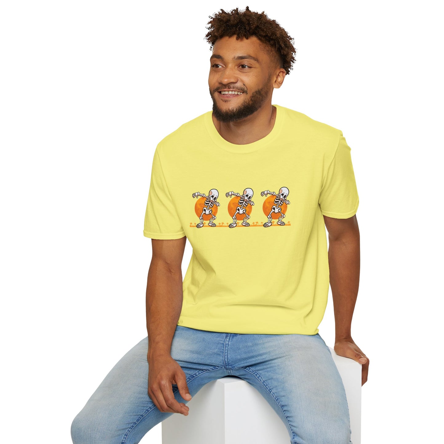 Moonlit Macabre: Dancing Skeleton Halloween T-Shirt – Spooky Unisex Softstyle T-Shirt