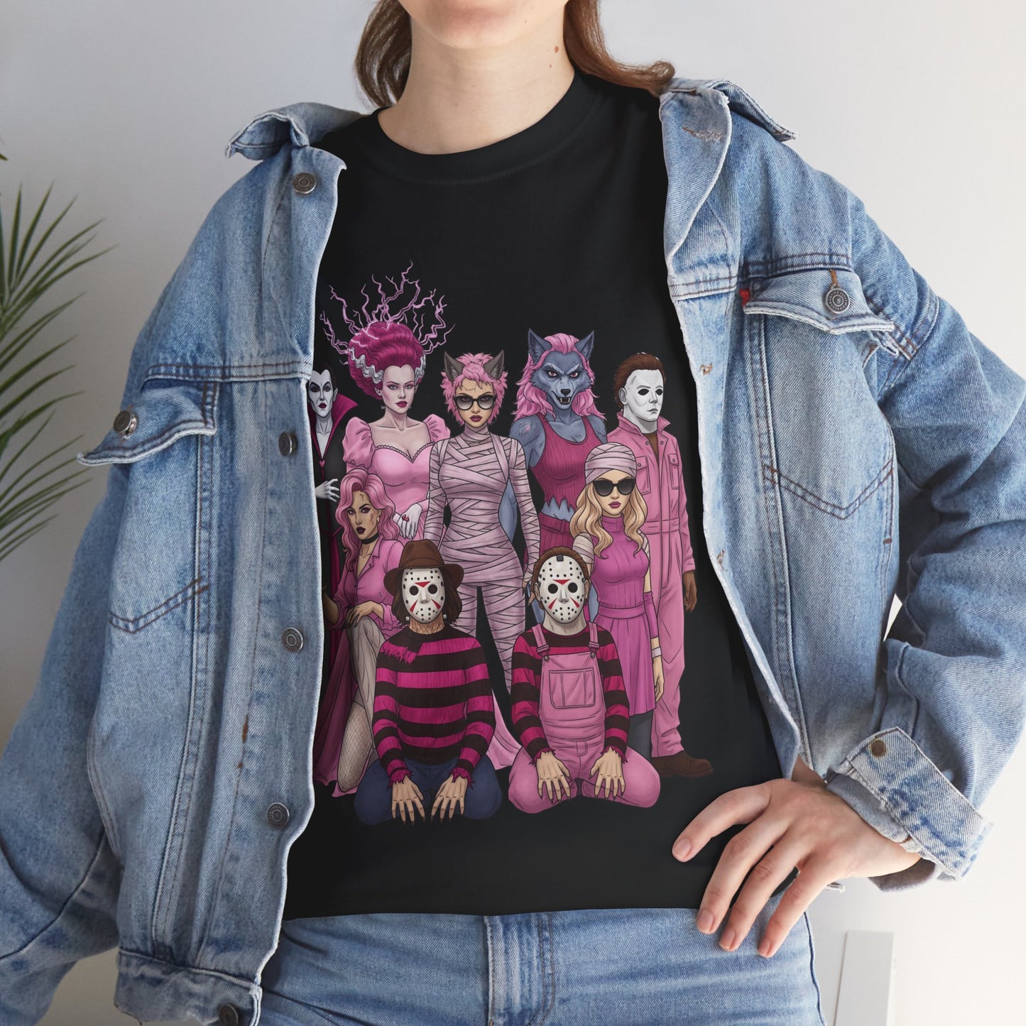 Lady Slashers Halloween Tee | Female Horror Villains Reunion Shirt in Pink