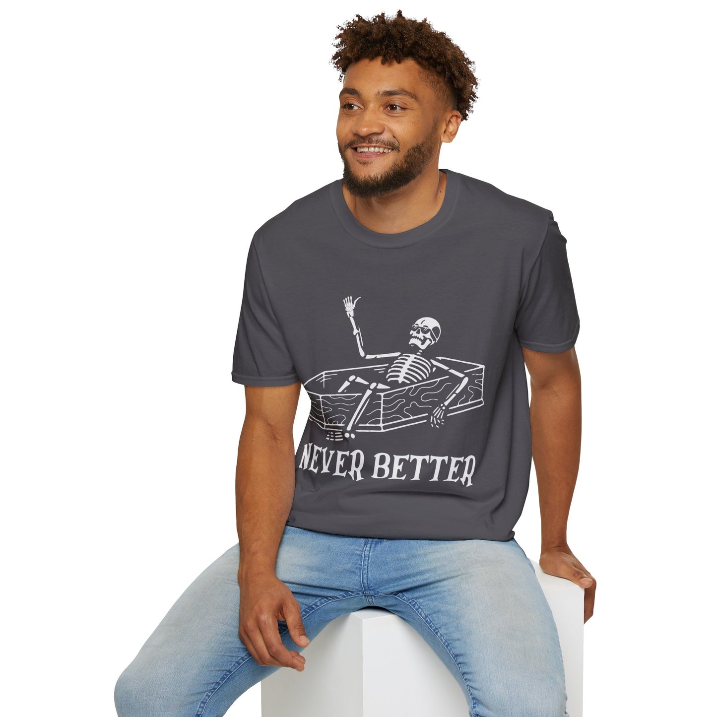 NEVER BETTER - Skeleton in Coffin Halloween Unisex Softstyle T-Shirt