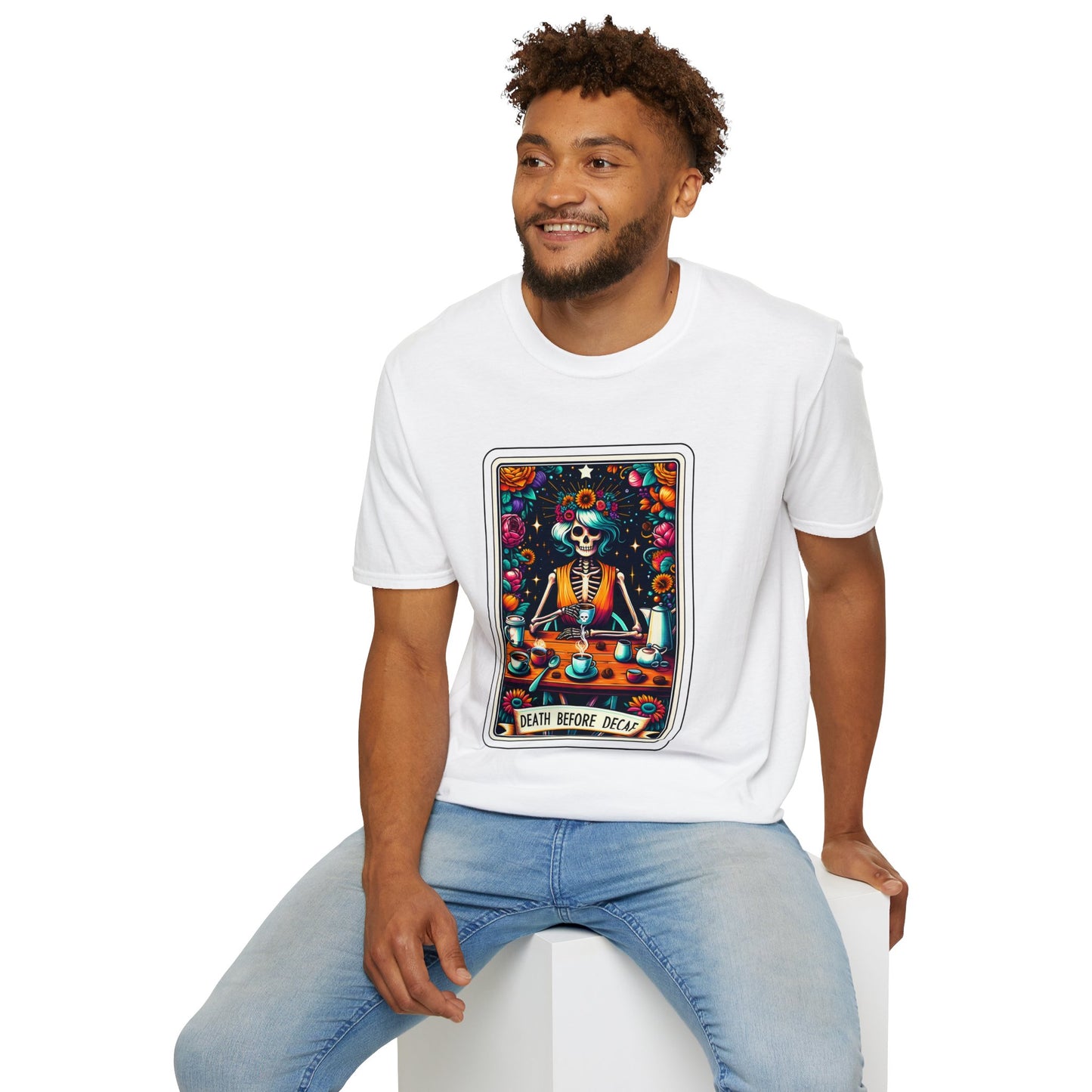 Spooky Halloween Coffee Skeleton Tee - Vibrant Day of the Dead Style Shirt