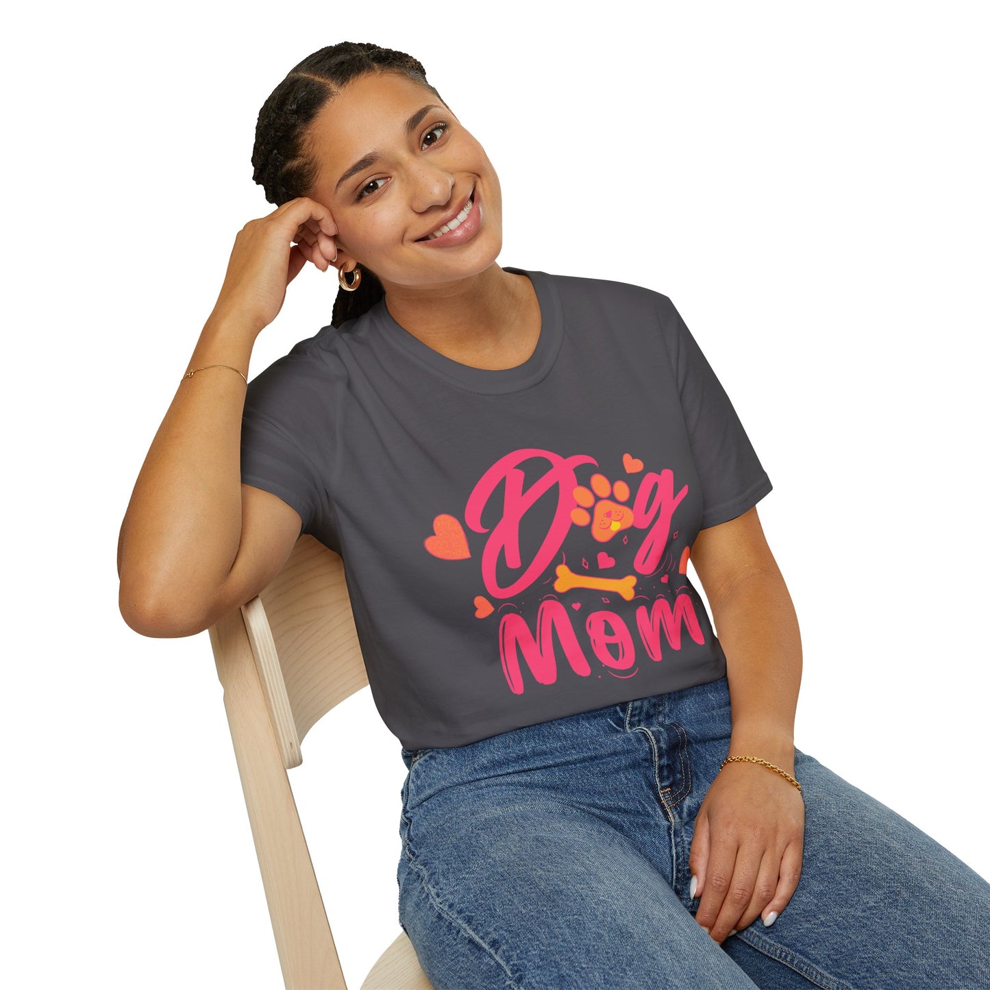 Cute Dog Mom T‑Shirt – Pink Hearts, Paw Print & Bone Graphic for Proud Pup Mamas