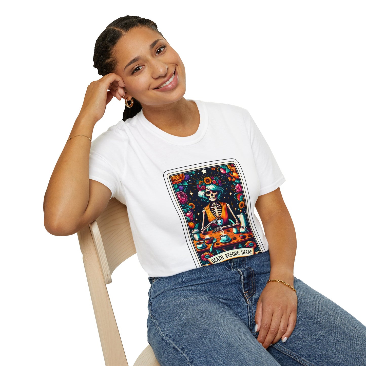 Spooky Halloween Coffee Skeleton Tee - Vibrant Day of the Dead Style Shirt