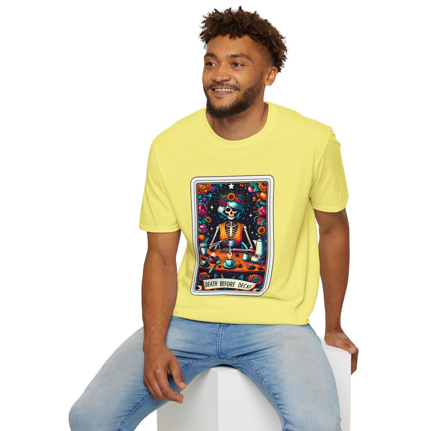 Spooky Halloween Coffee Skeleton Tee - Vibrant Day of the Dead Style Shirt