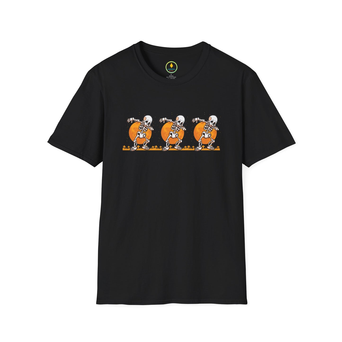 Moonlit Macabre: Dancing Skeleton Halloween T-Shirt – Spooky Unisex Softstyle T-Shirt