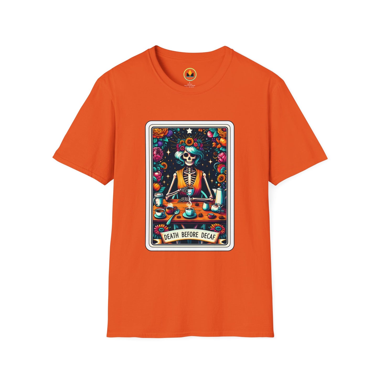 Spooky Halloween Coffee Skeleton Tee - Vibrant Day of the Dead Style Shirt