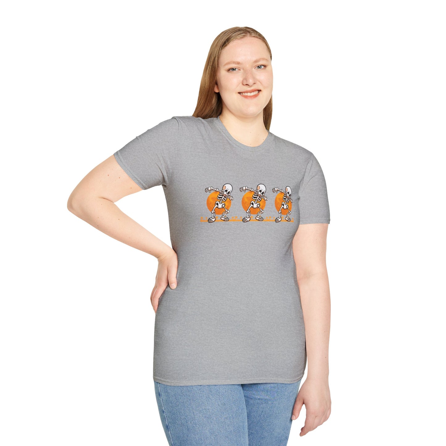Moonlit Macabre: Dancing Skeleton Halloween T-Shirt – Spooky Unisex Softstyle T-Shirt