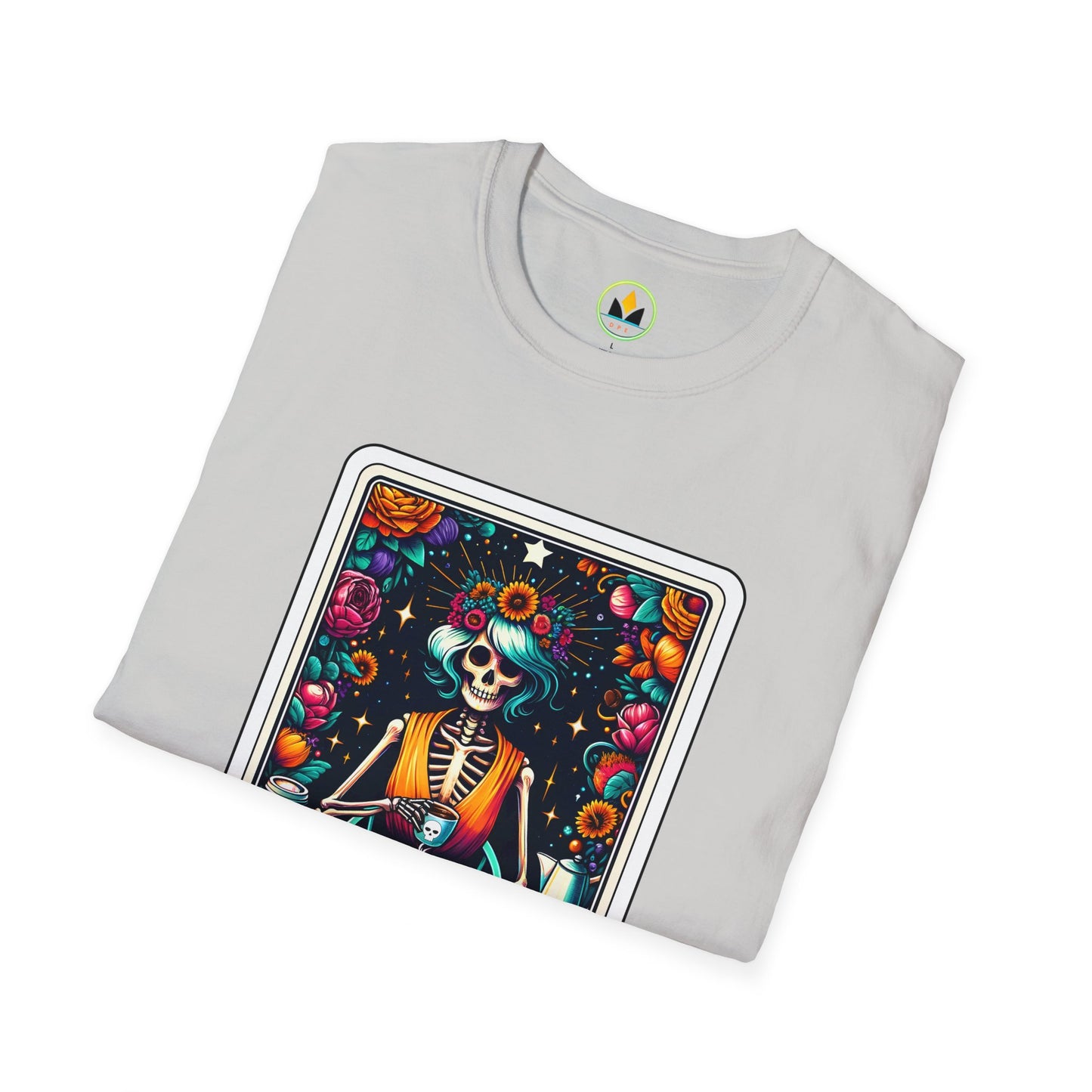 Spooky Halloween Coffee Skeleton Tee - Vibrant Day of the Dead Style Shirt