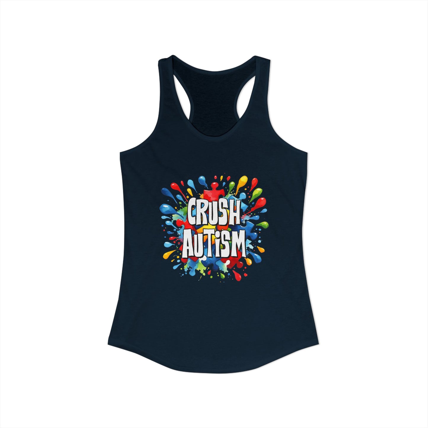 Crush Autism Barriers – Bold Rainbow Splatter Autism Awareness Racerback Tank
