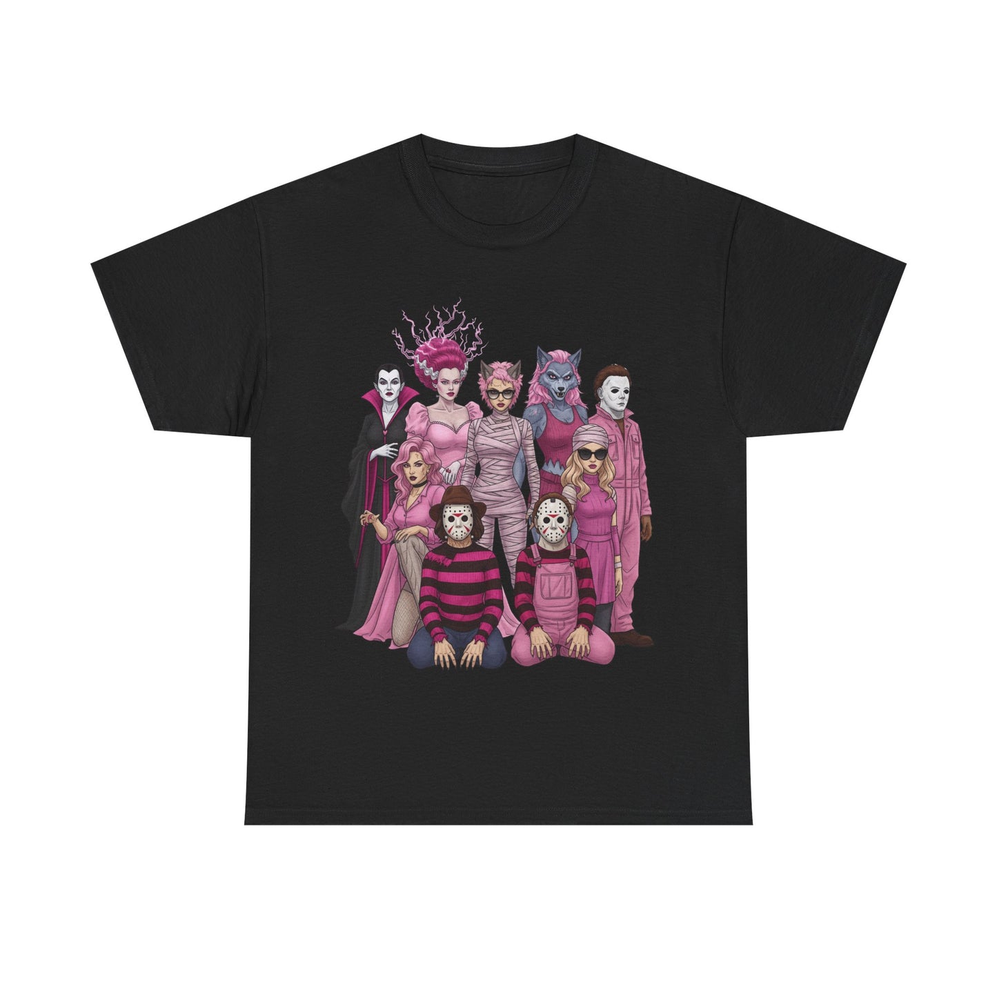 Lady Slashers Halloween Tee | Female Horror Villains Reunion Shirt in Pink
