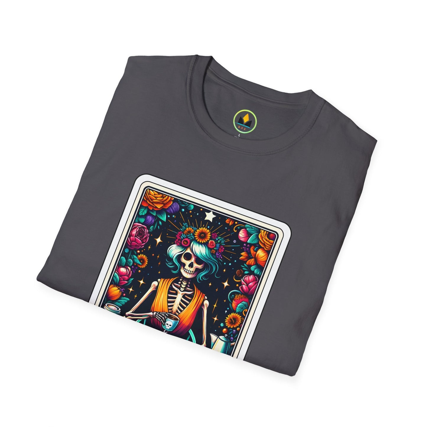 Spooky Halloween Coffee Skeleton Tee - Vibrant Day of the Dead Style Shirt