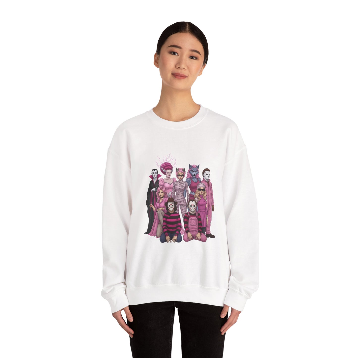 Lady Slashers Halloween Sweatshirt | Female Horror Villains Crewneck in Pink