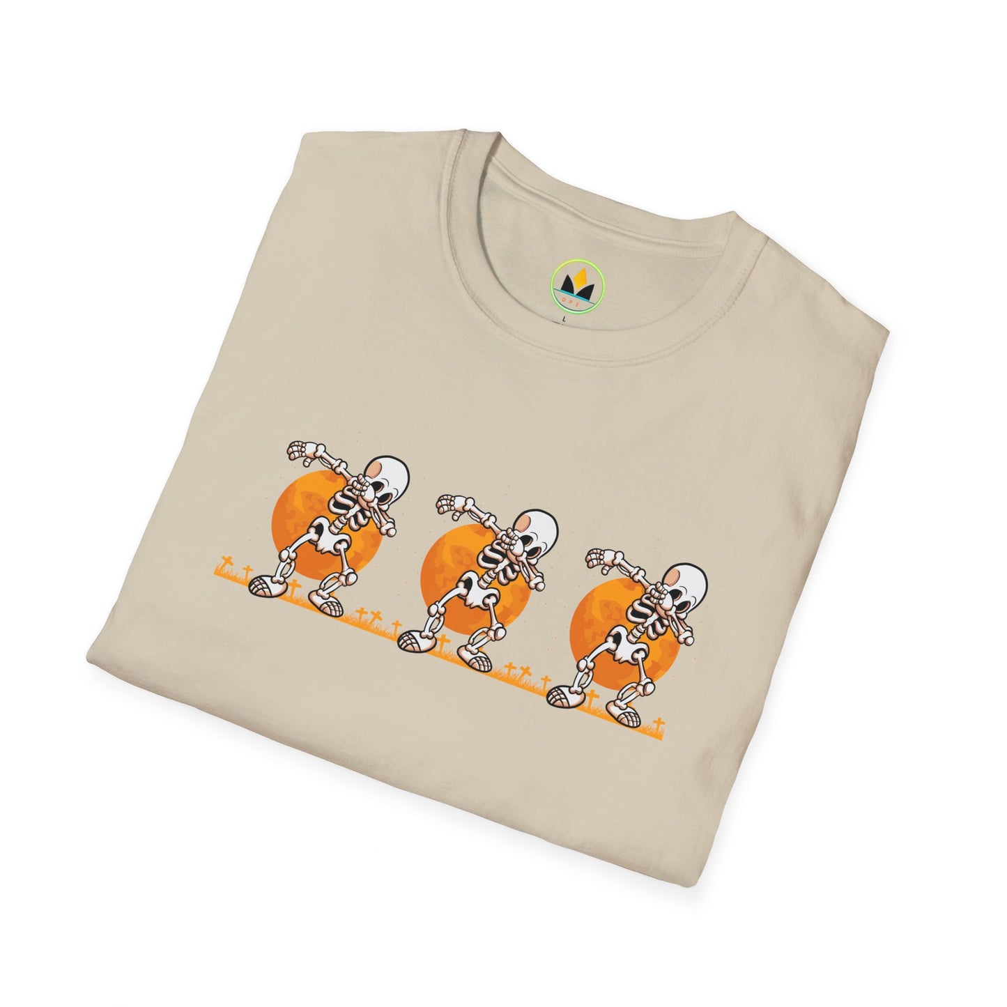 Moonlit Macabre: Dancing Skeleton Halloween T-Shirt – Spooky Unisex Softstyle T-Shirt