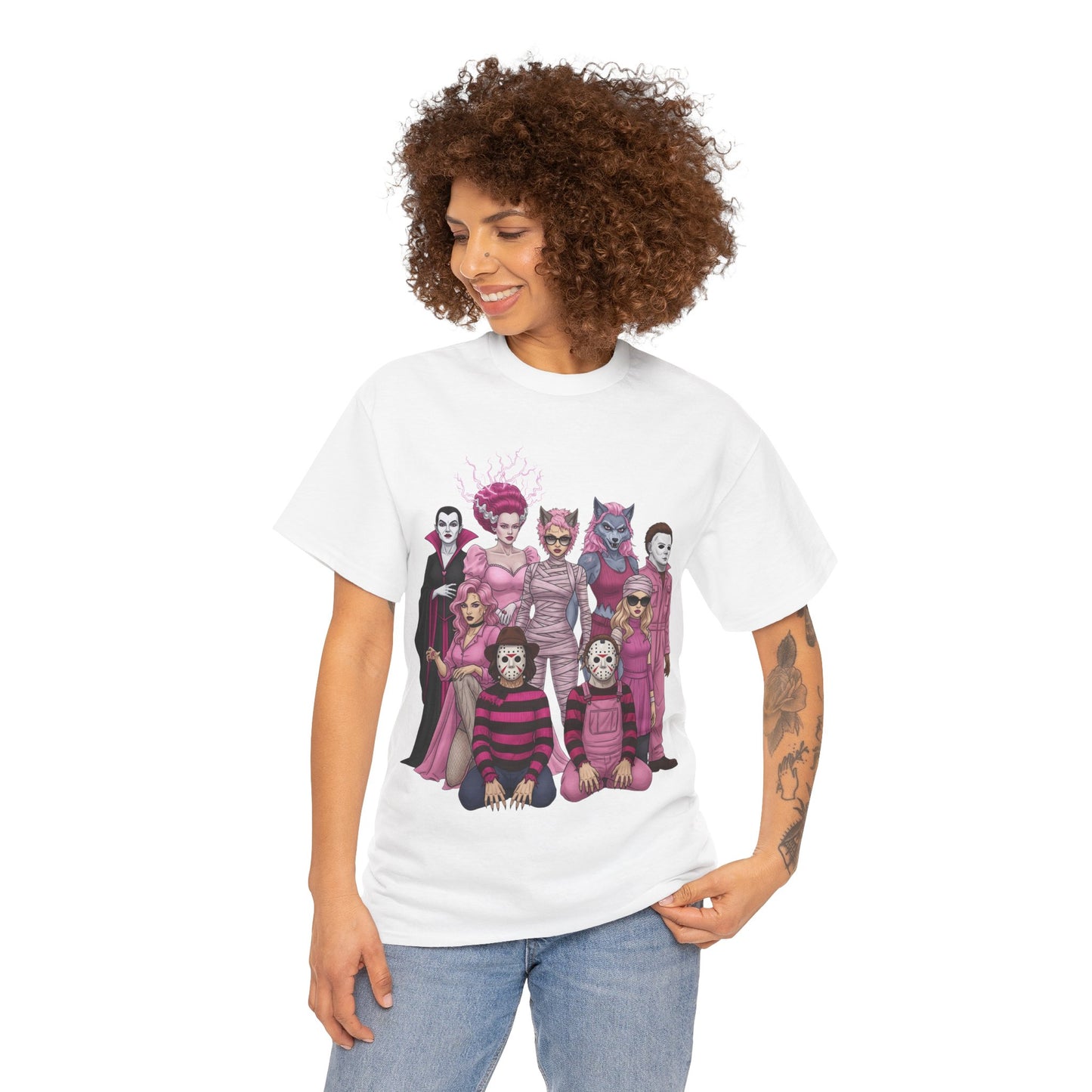 Lady Slashers Halloween Tee | Female Horror Villains Reunion Shirt in Pink