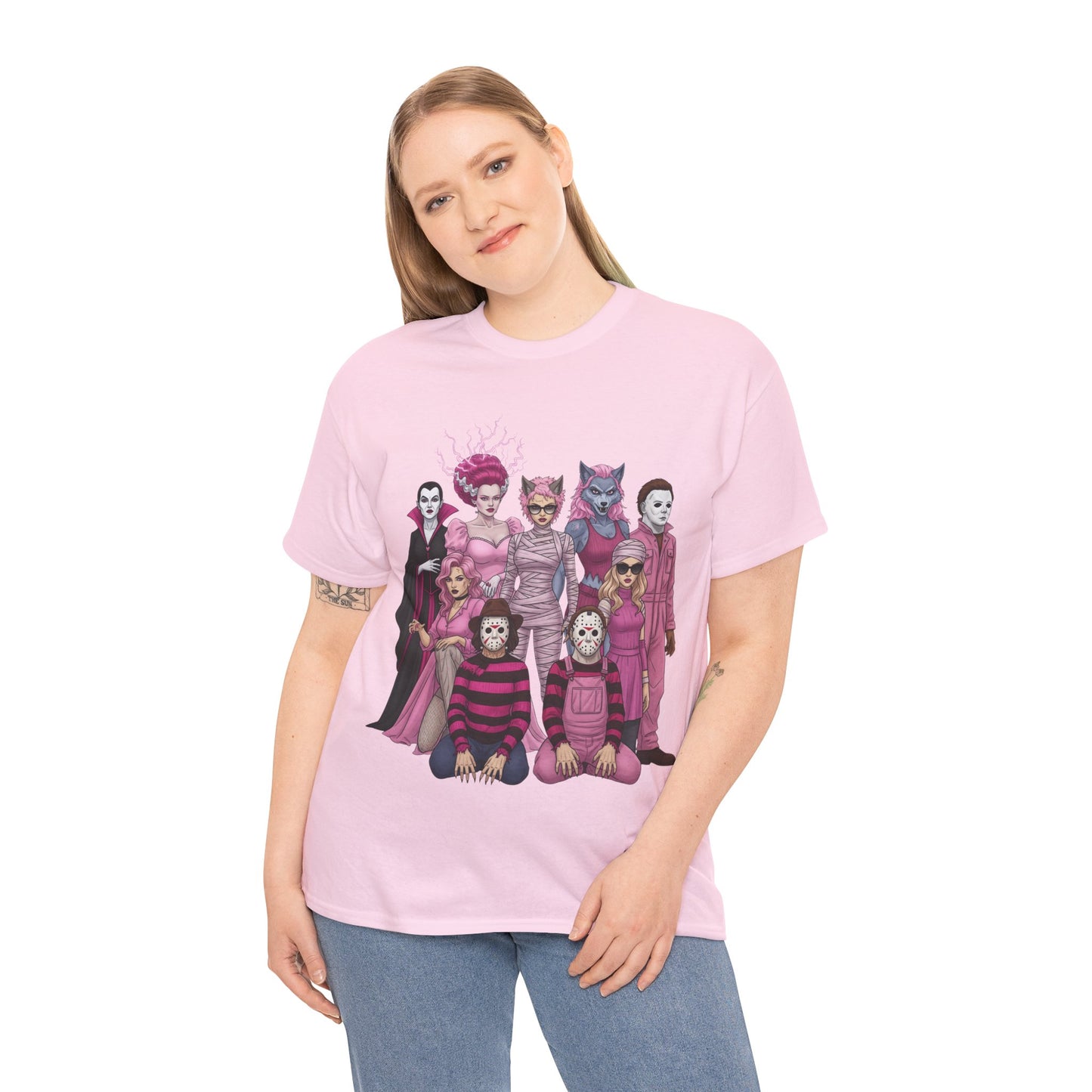 Lady Slashers Halloween Tee | Female Horror Villains Reunion Shirt in Pink