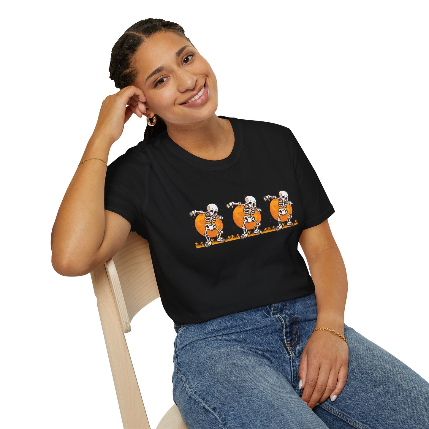 Moonlit Macabre: Dancing Skeleton Halloween T-Shirt – Spooky Unisex Softstyle T-Shirt