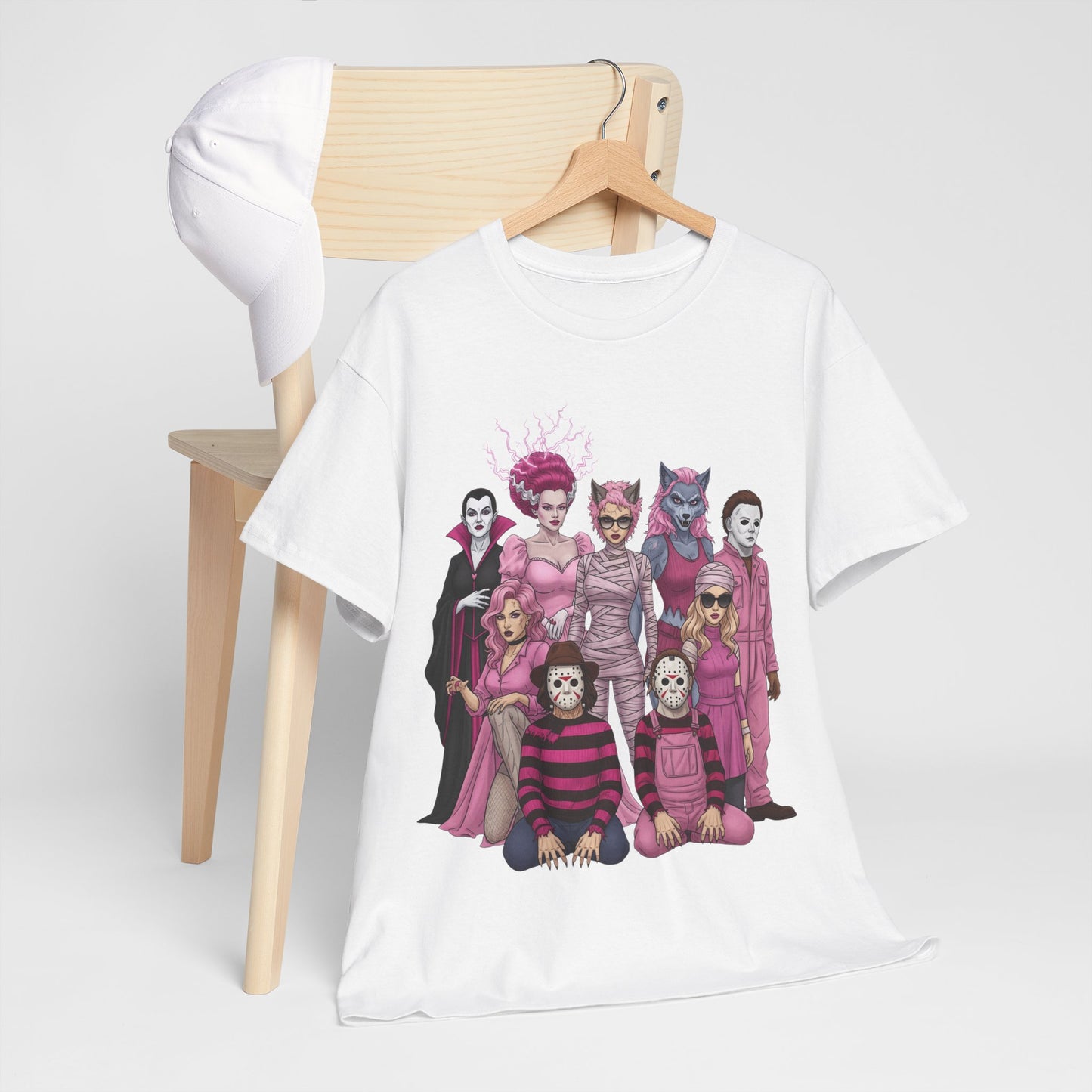 Lady Slashers Halloween Tee | Female Horror Villains Reunion Shirt in Pink