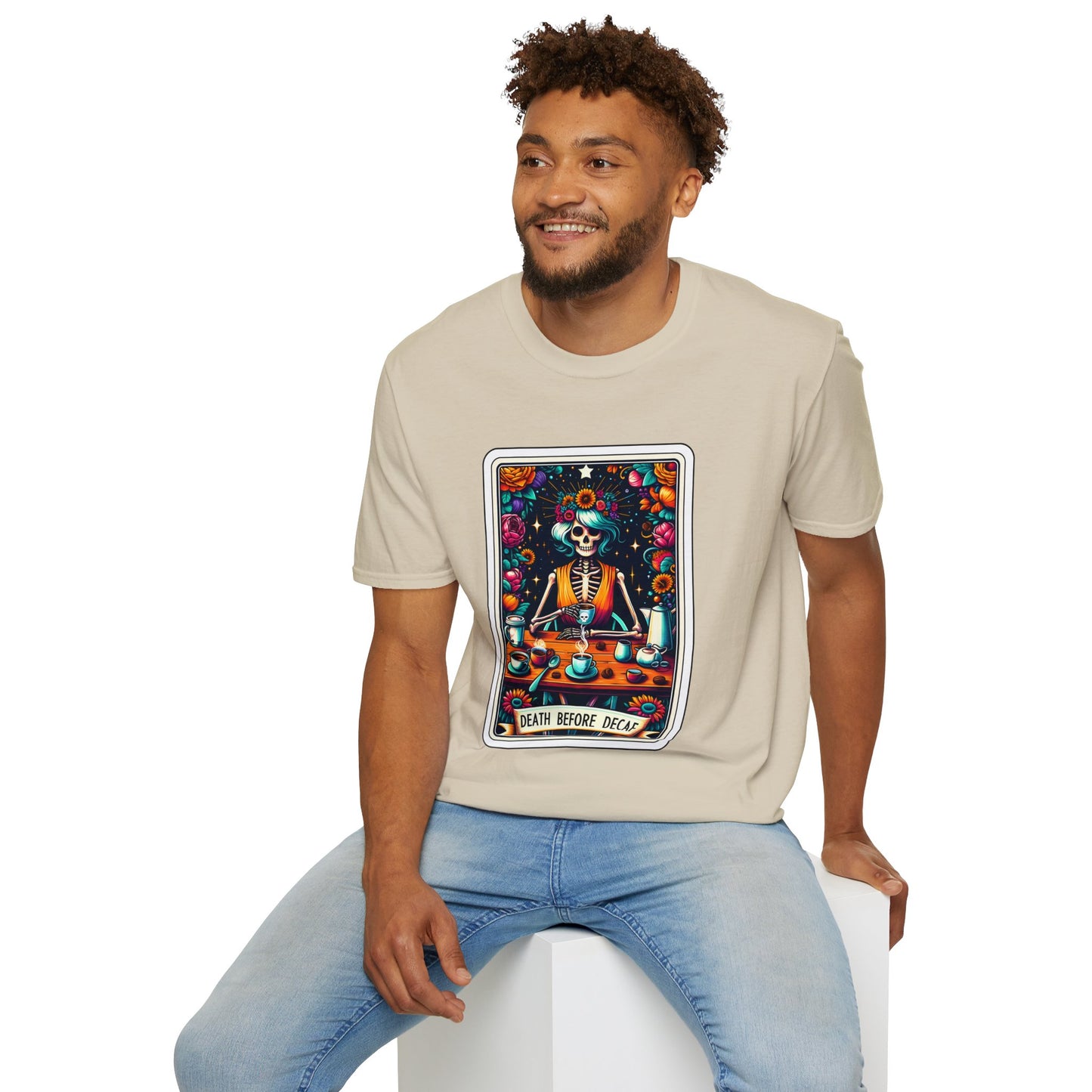 Spooky Halloween Coffee Skeleton Tee - Vibrant Day of the Dead Style Shirt