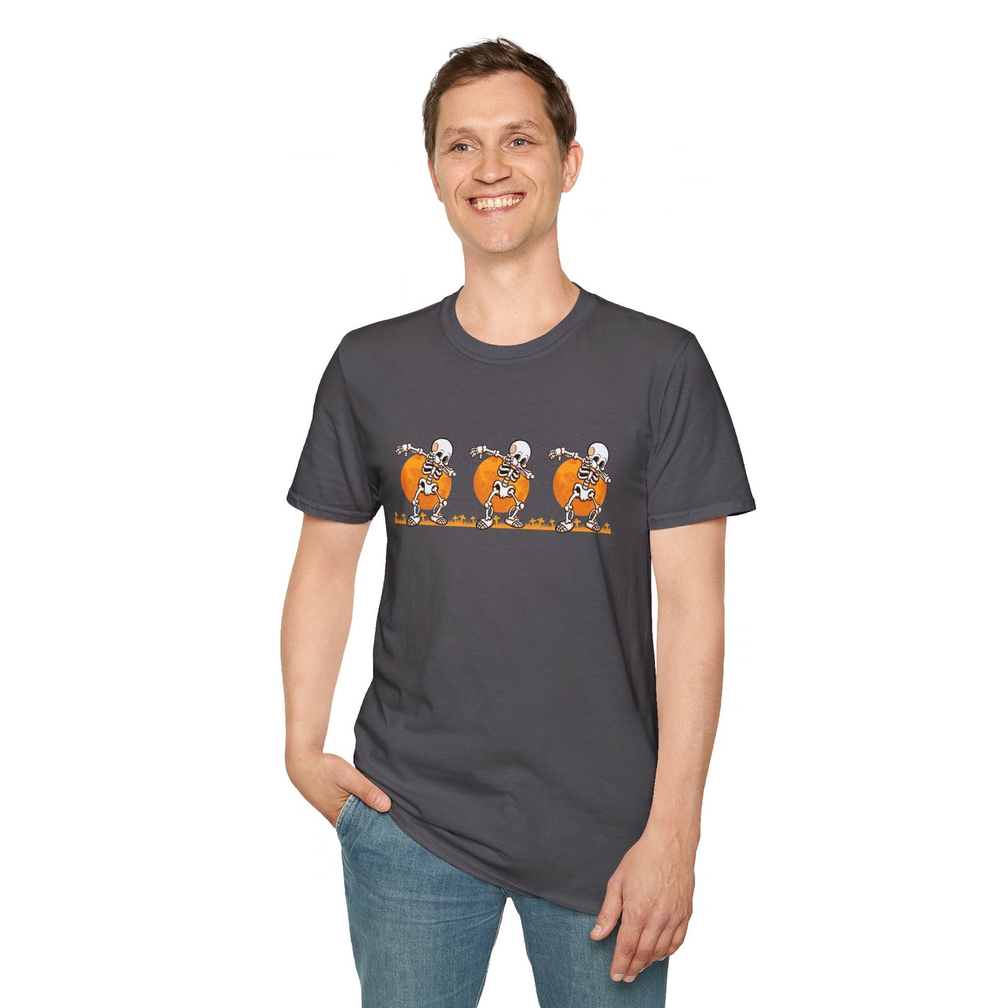 Moonlit Macabre: Dancing Skeleton Halloween T-Shirt – Spooky Unisex Softstyle T-Shirt