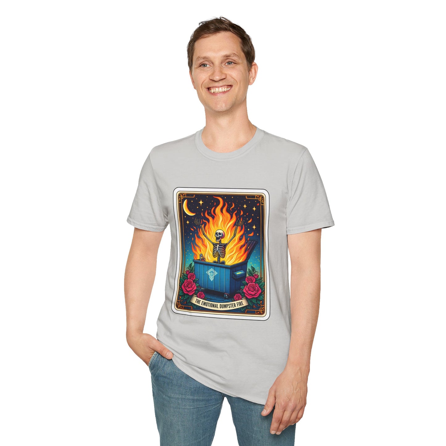 Emotional Dumpster Fire Tarot Tee - Unique Halloween Skeleton Shirt