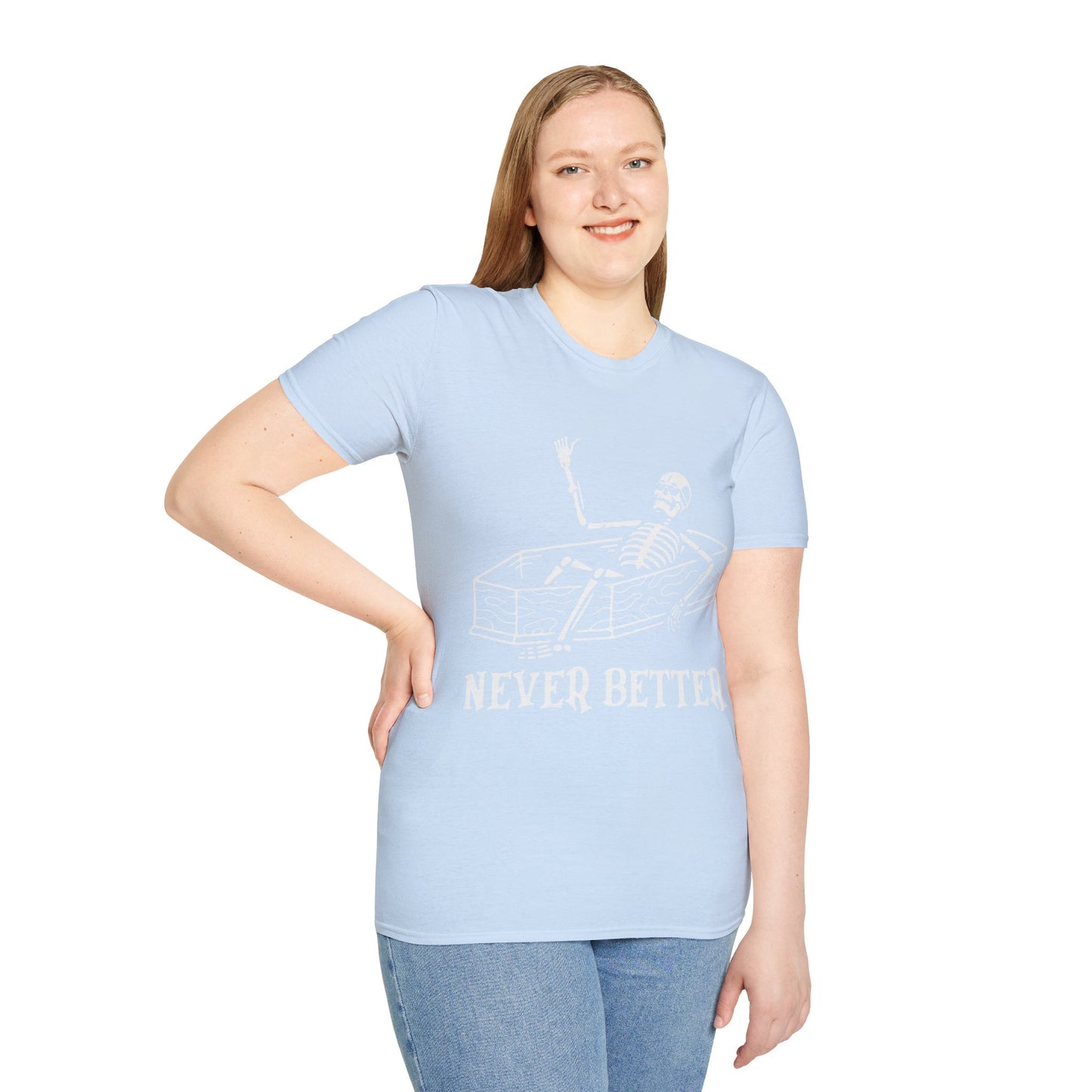 NEVER BETTER - Skeleton in Coffin Halloween Unisex Softstyle T-Shirt