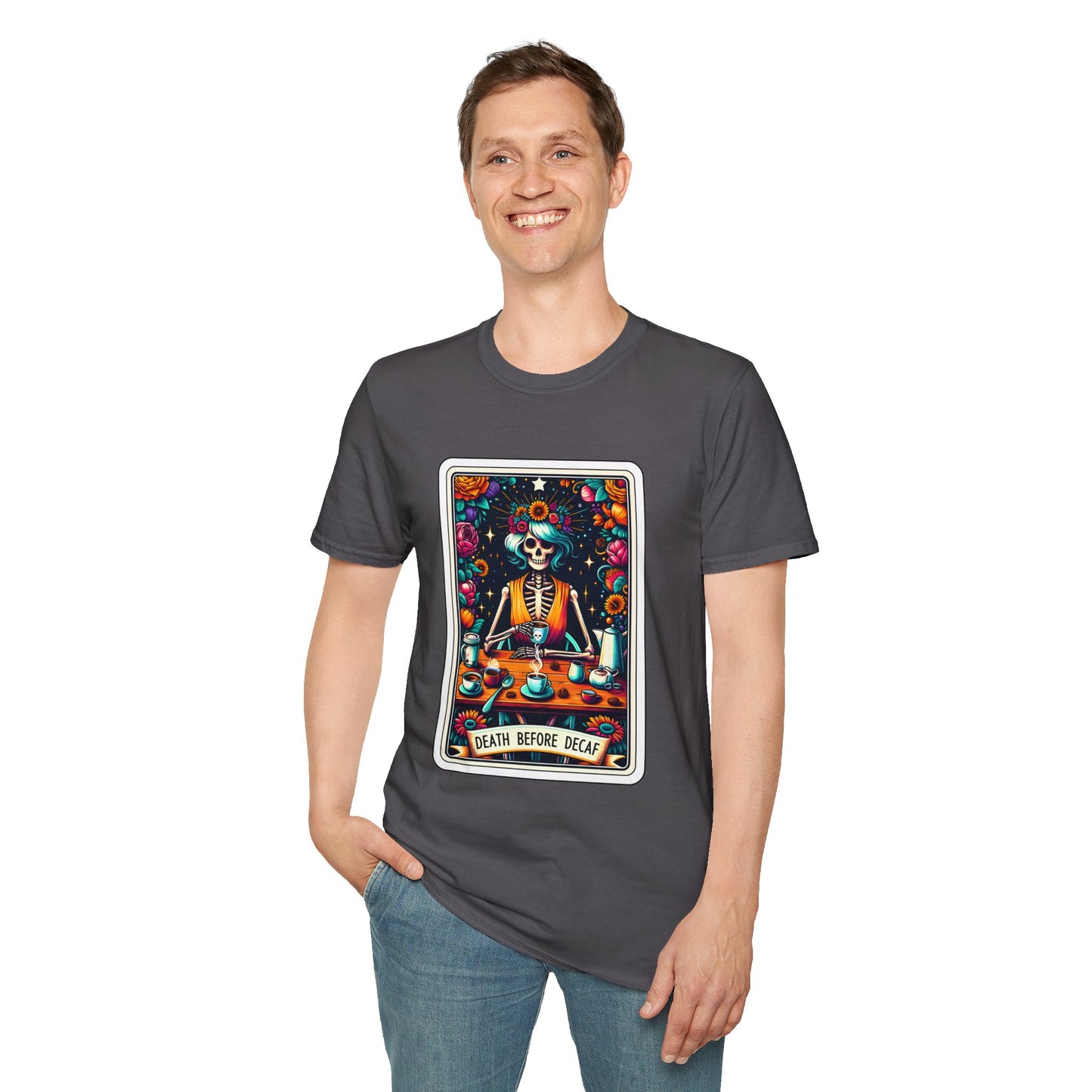 Spooky Halloween Coffee Skeleton Tee - Vibrant Day of the Dead Style Shirt