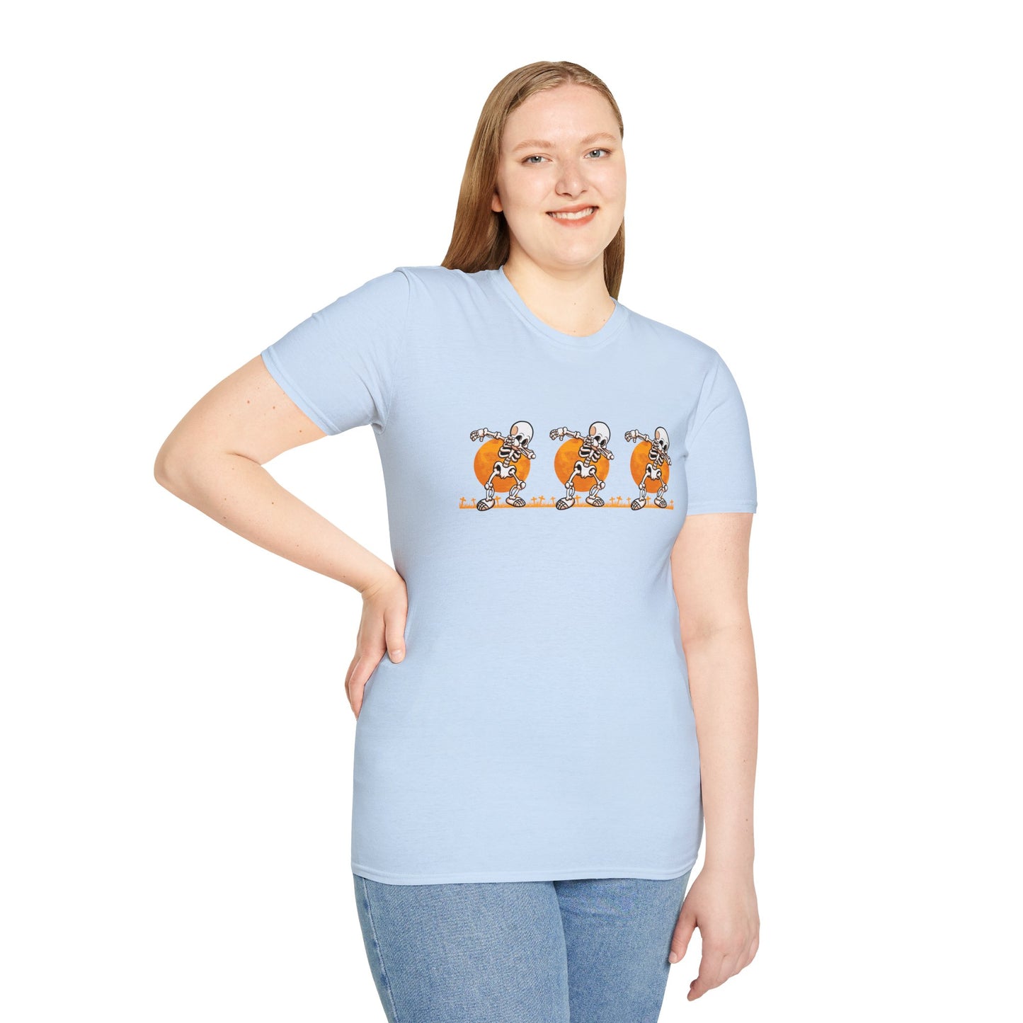 Moonlit Macabre: Dancing Skeleton Halloween T-Shirt – Spooky Unisex Softstyle T-Shirt