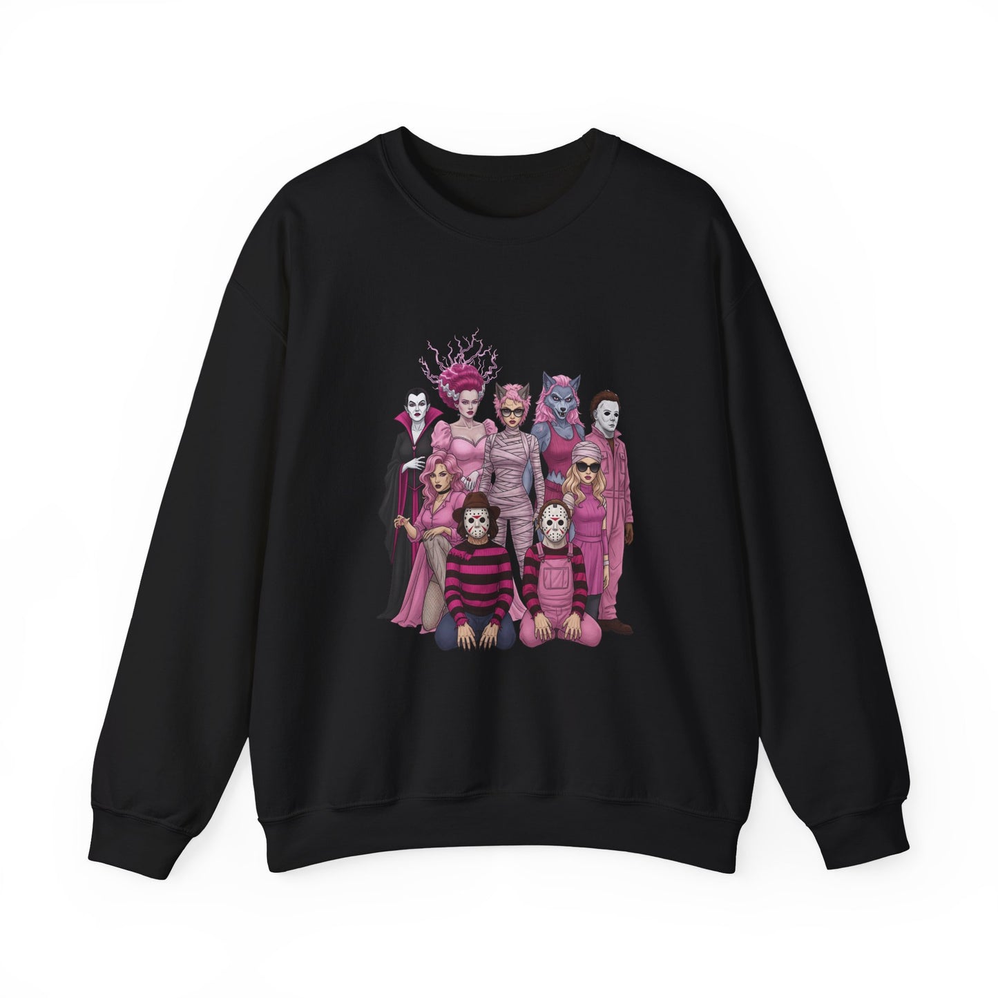 Lady Slashers Halloween Sweatshirt | Female Horror Villains Crewneck in Pink