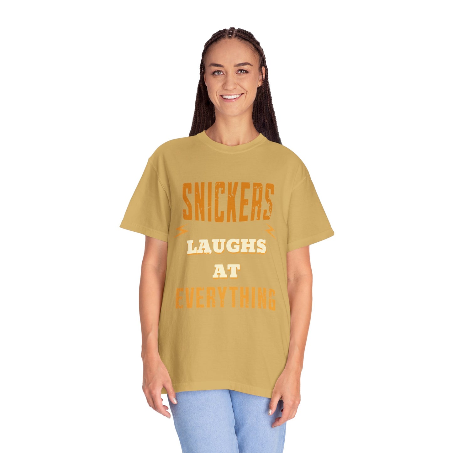 Cheerful 'Laughs at Everything' T-Shirt - coworker/friend Inspired Humorous Fun Shirt