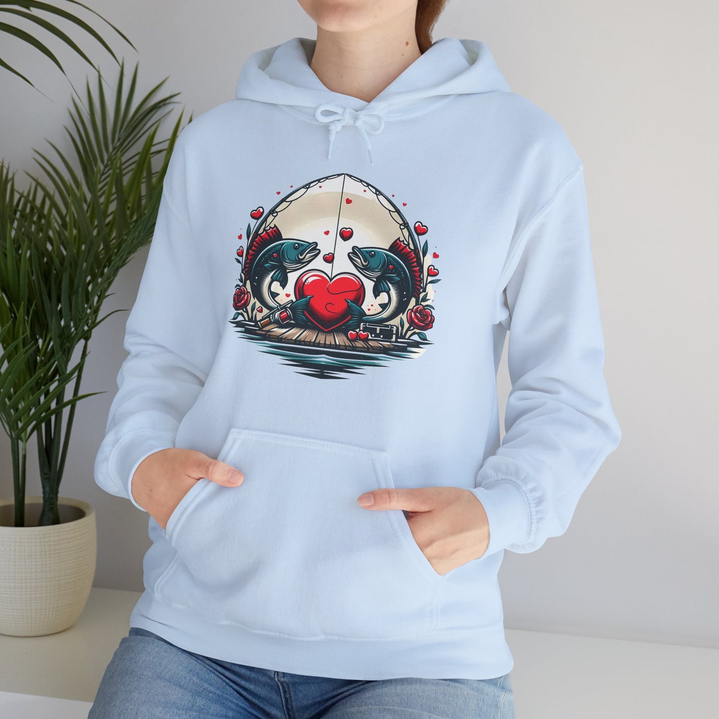 Unique Fish Love Heart Hoodie Unisex Fishing Themed Sweatshirt Graphic Hoodie With Rose Detail Romantic Angler Gift