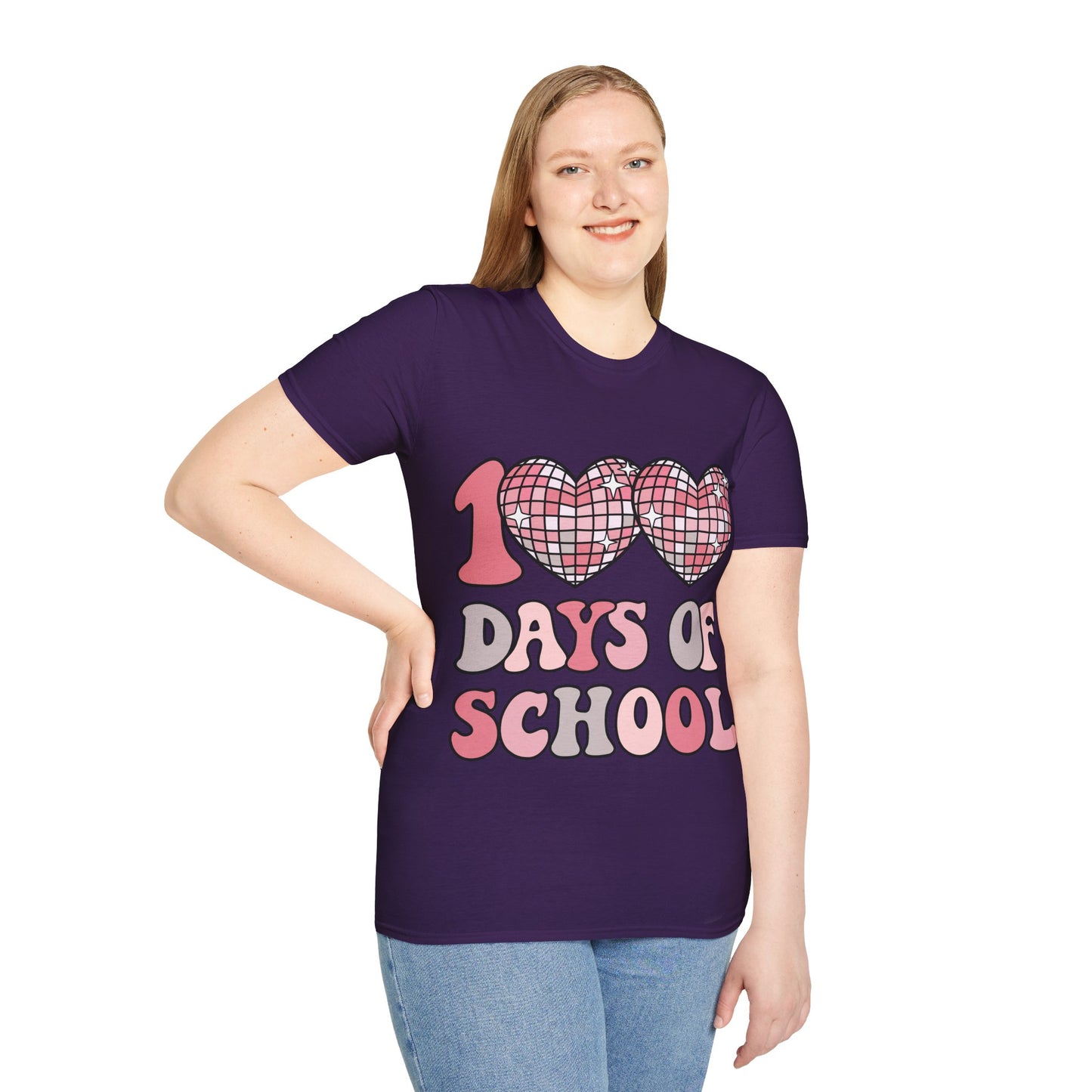 00 Days of School Shirt | Retro Pink Disco Hearts Tee | Vintage Bubble Letter Teacher & Student Top | Soft Ring-Spun Cotton Gift
