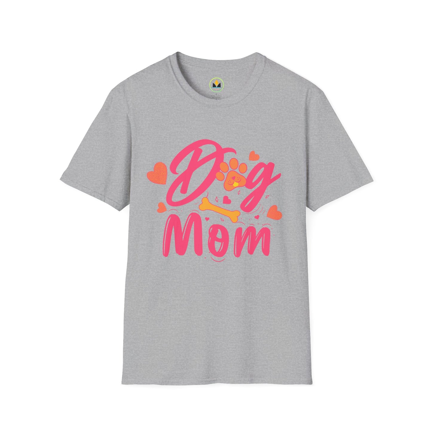 Cute Dog Mom T‑Shirt – Pink Hearts, Paw Print & Bone Graphic for Proud Pup Mamas